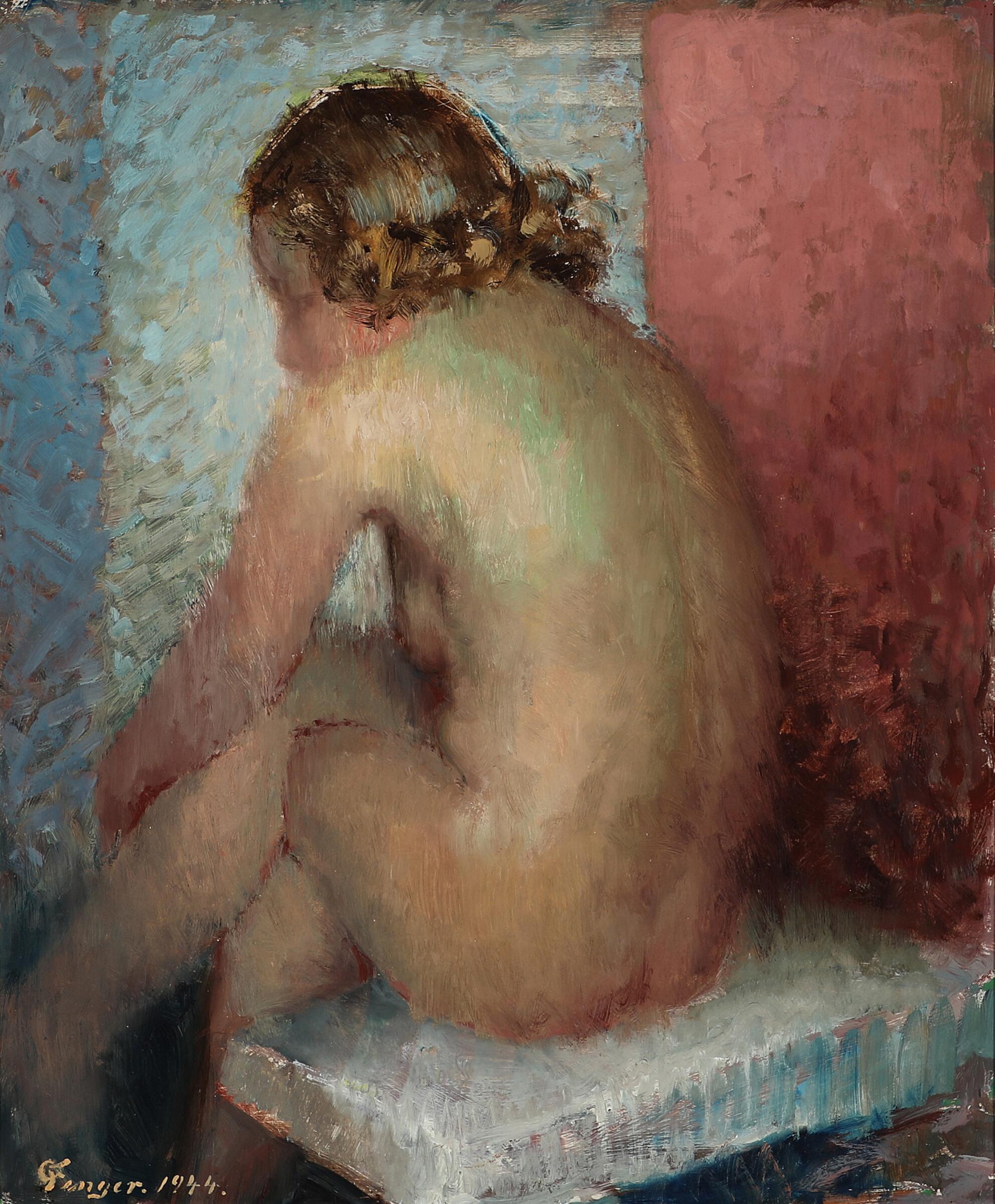 Gustav Johan Fenger: Portrait of a young woman seen from the back. Signed and dated F. Fenger 1944. Oil on plate. 65.5×54.