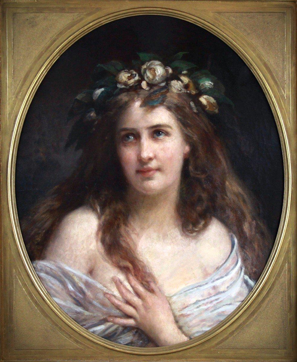 Huile sur toile Art Nouveau XIXe siècle, portrait de femme avec cadre ovale - Painting de Gustav Julius Grün
