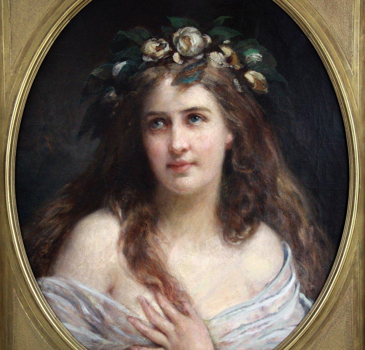 Huile sur toile Art Nouveau XIXe siècle, portrait de femme avec cadre ovale - Jugendstil Painting par Gustav Julius Grün