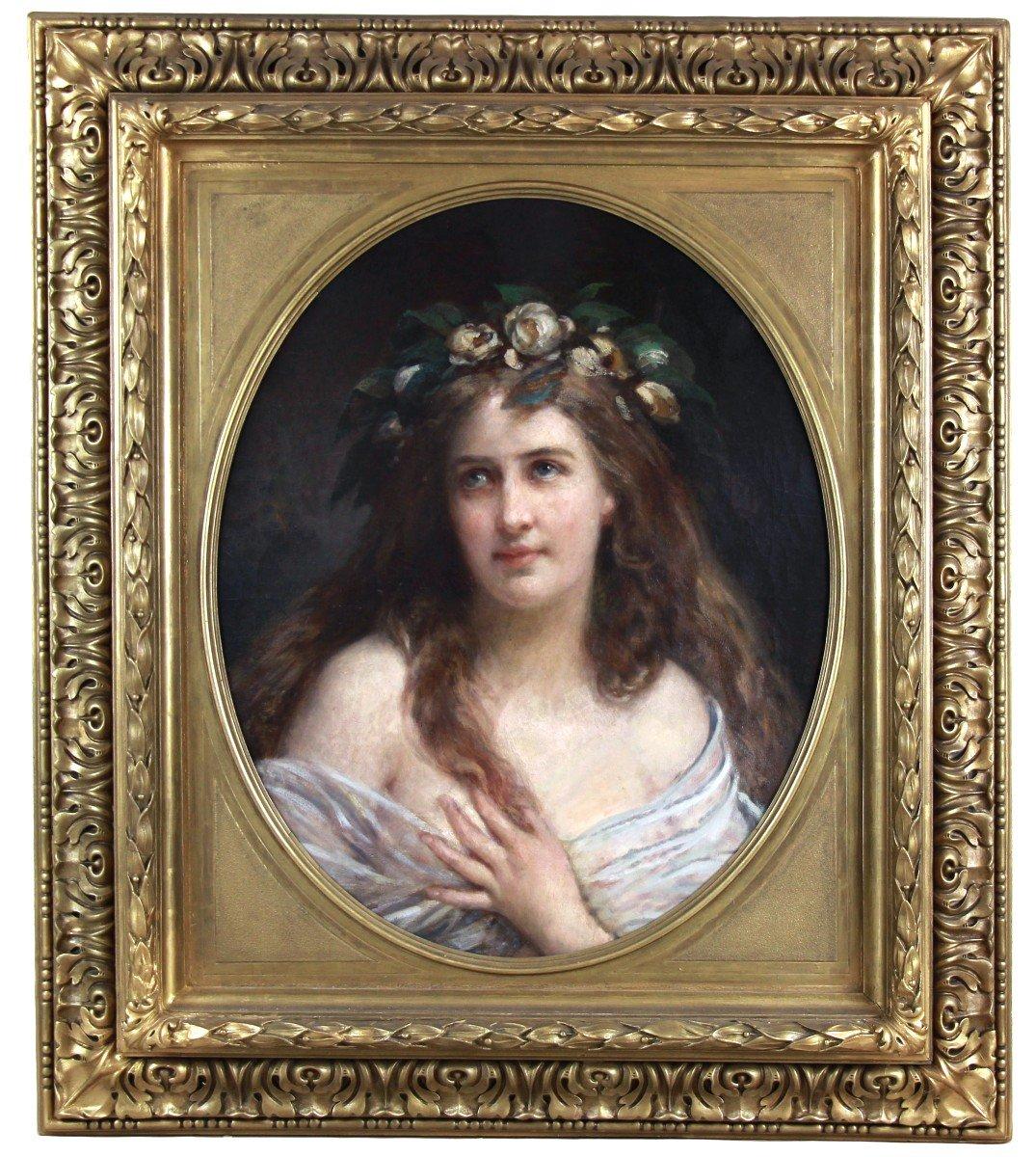 Portrait Painting Gustav Julius Grün - Huile sur toile Art Nouveau XIXe siècle, portrait de femme avec cadre ovale