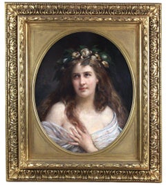 Huile sur toile Art Nouveau XIXe siècle, portrait de femme avec cadre ovale