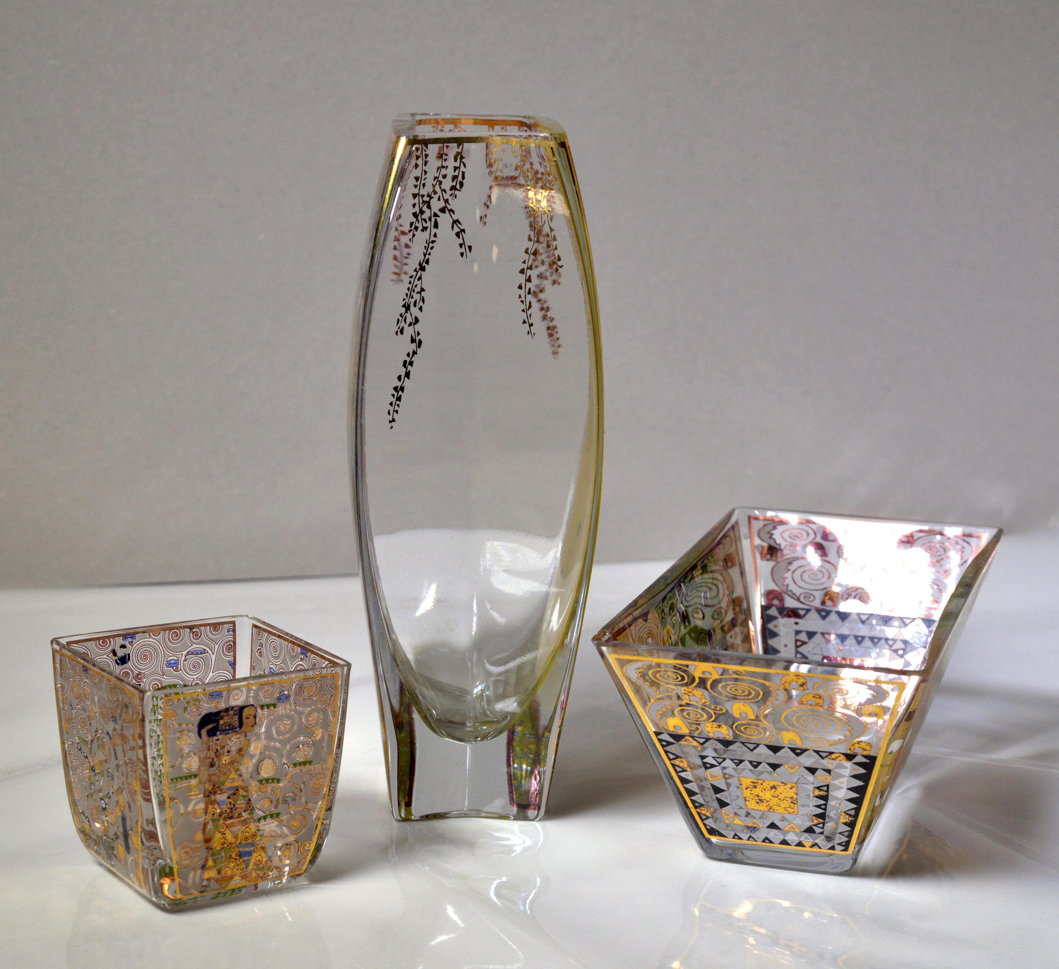 Gustav Klimt in Goebel Artis Orbis Vintage 3 pcs Glass Ensemble Vase Bowl Set In Good Condition For Sale In Sweden, SE