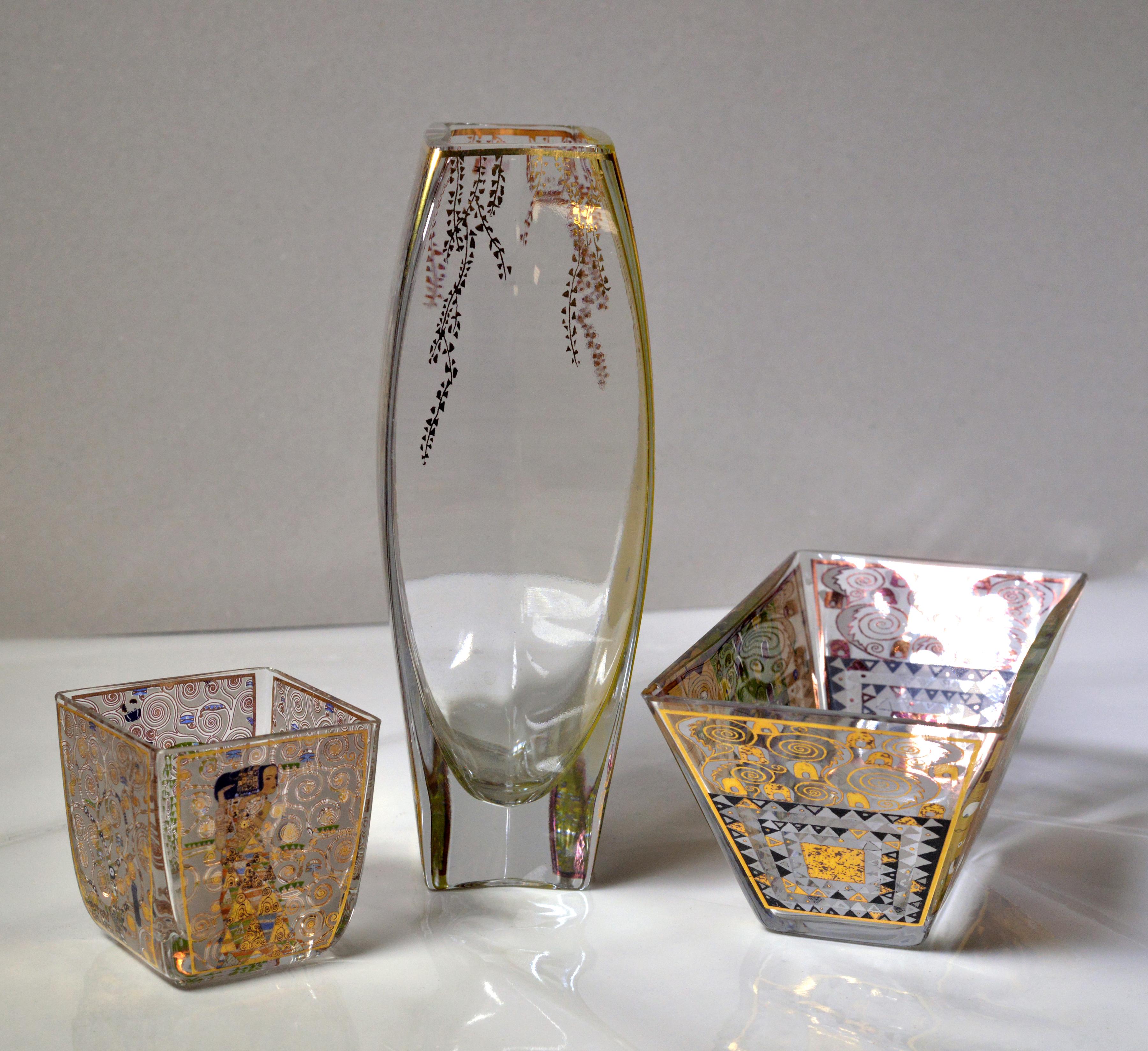 Art Deco Gustav Klimt in Goebel Artis Orbis Vintage 3 pcs Glass Ensemble Vase Bowl Set For Sale
