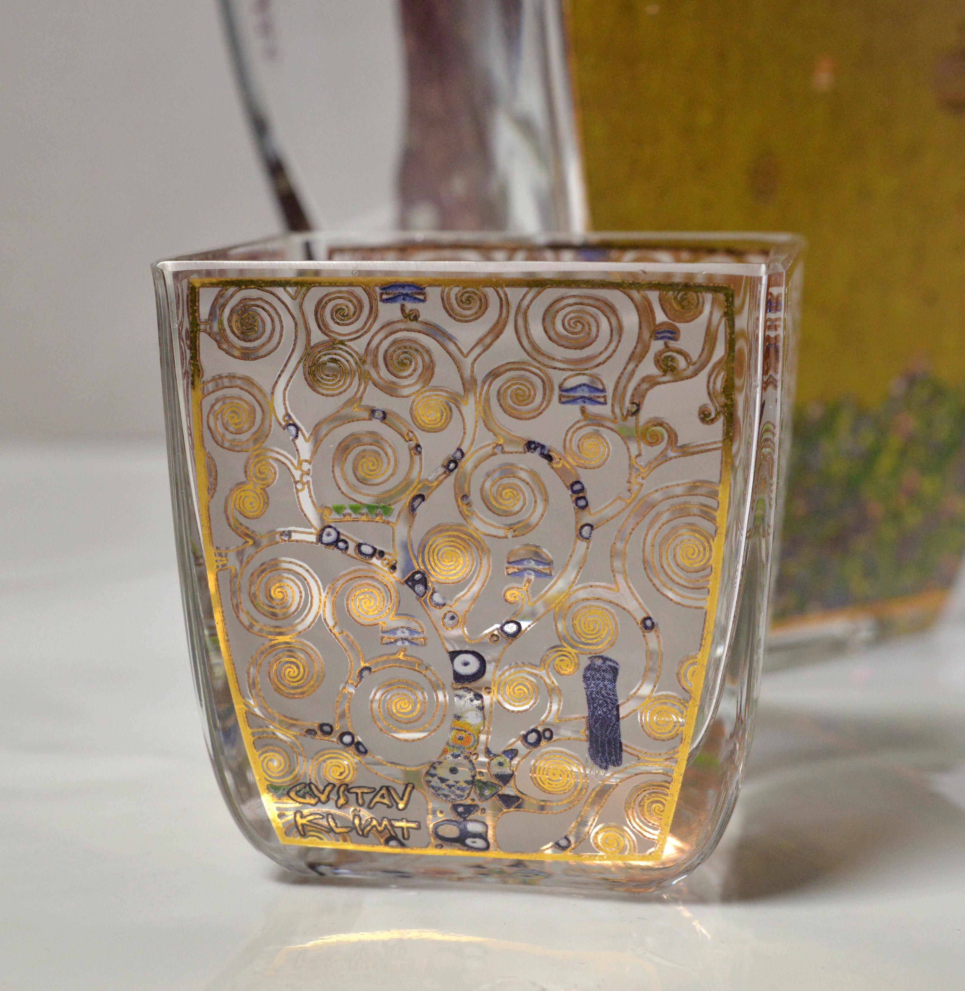 Gold Plate Gustav Klimt in Goebel Artis Orbis Vintage 3 pcs Glass Ensemble Vase Bowl Set For Sale