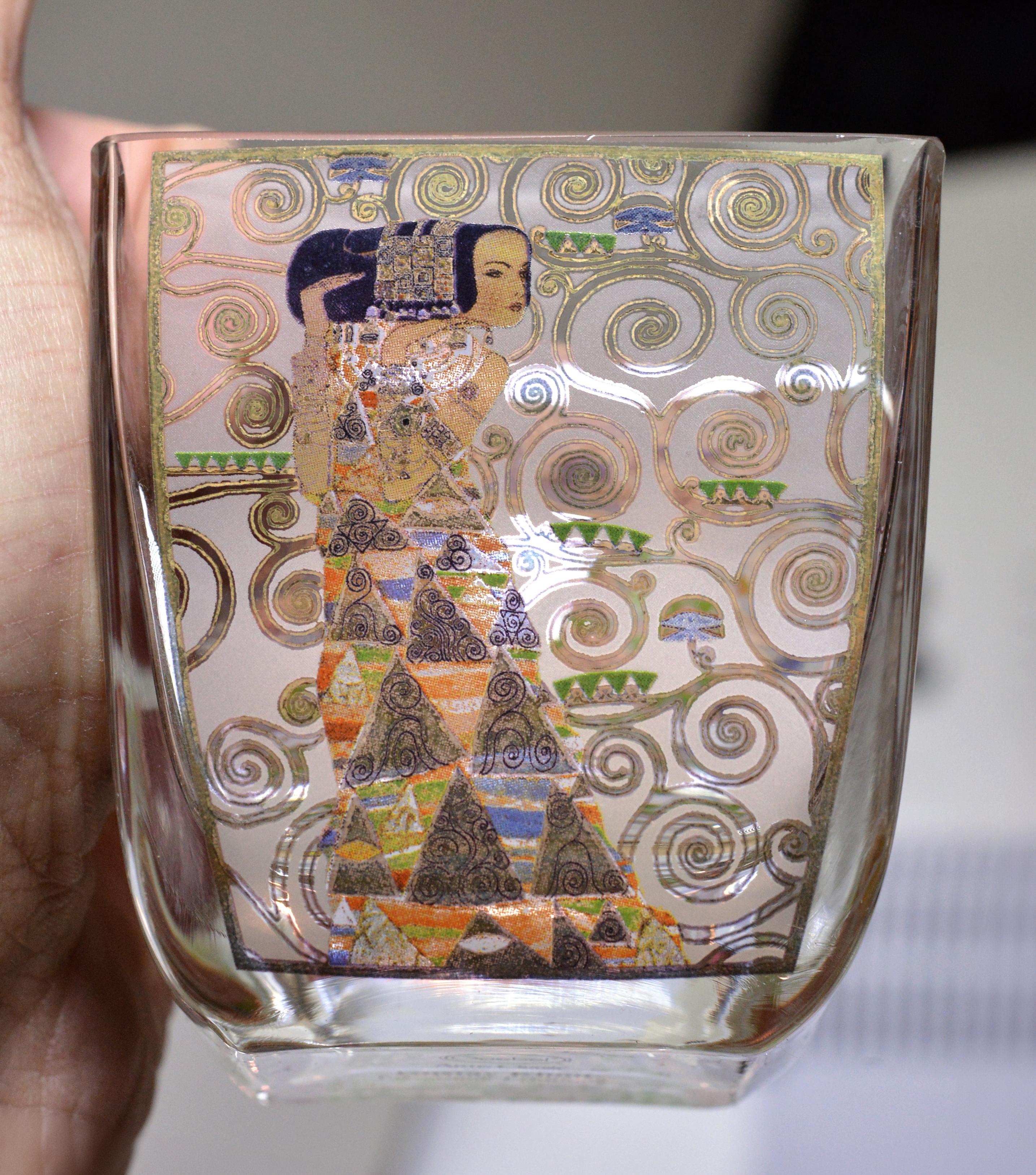 20th Century Gustav Klimt in Goebel Artis Orbis Vintage 3 pcs Glass Ensemble Vase Bowl Set For Sale