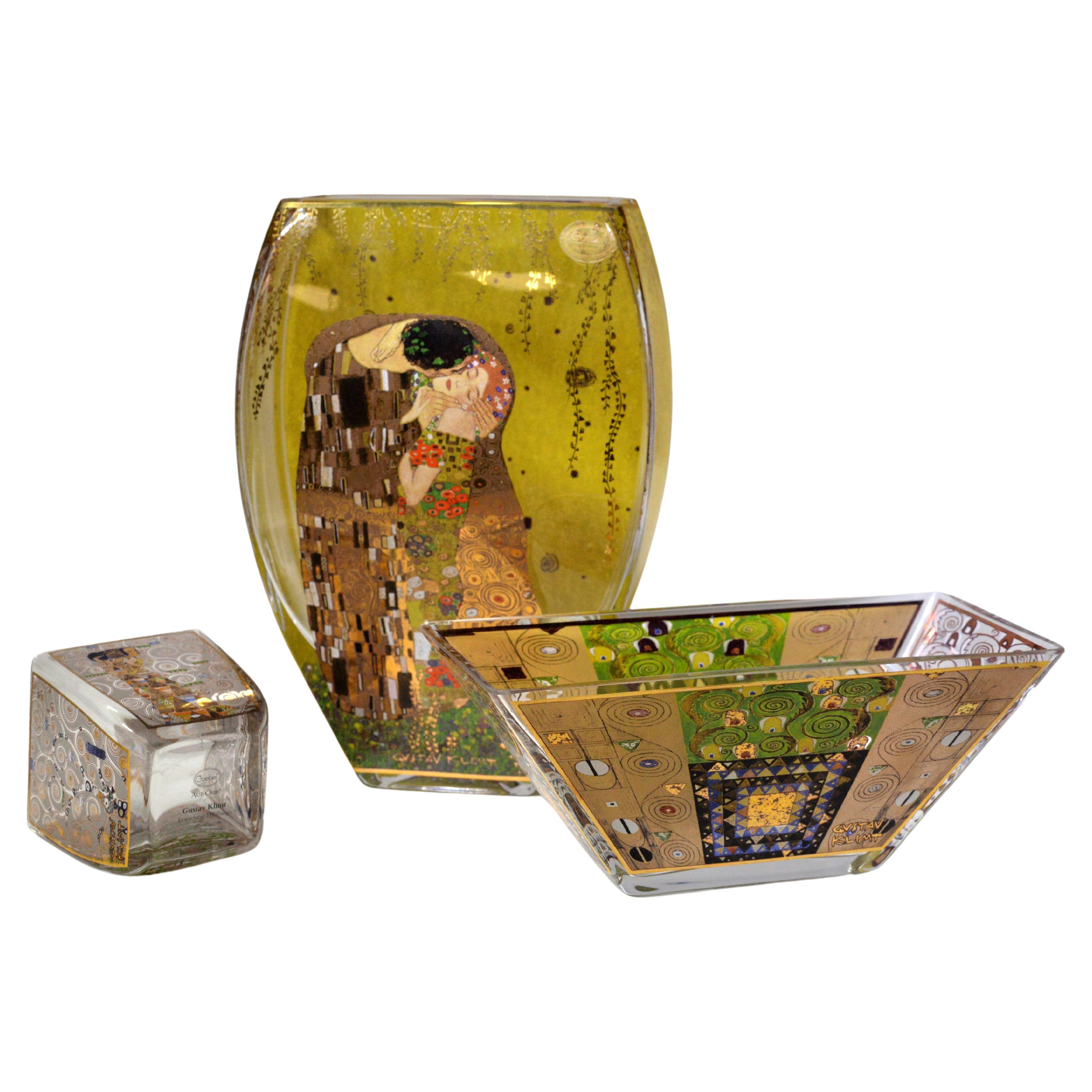 Gustav Klimt in Goebel Artis Orbis Vintage 3 pcs Glass Ensemble Vase Bowl Set For Sale