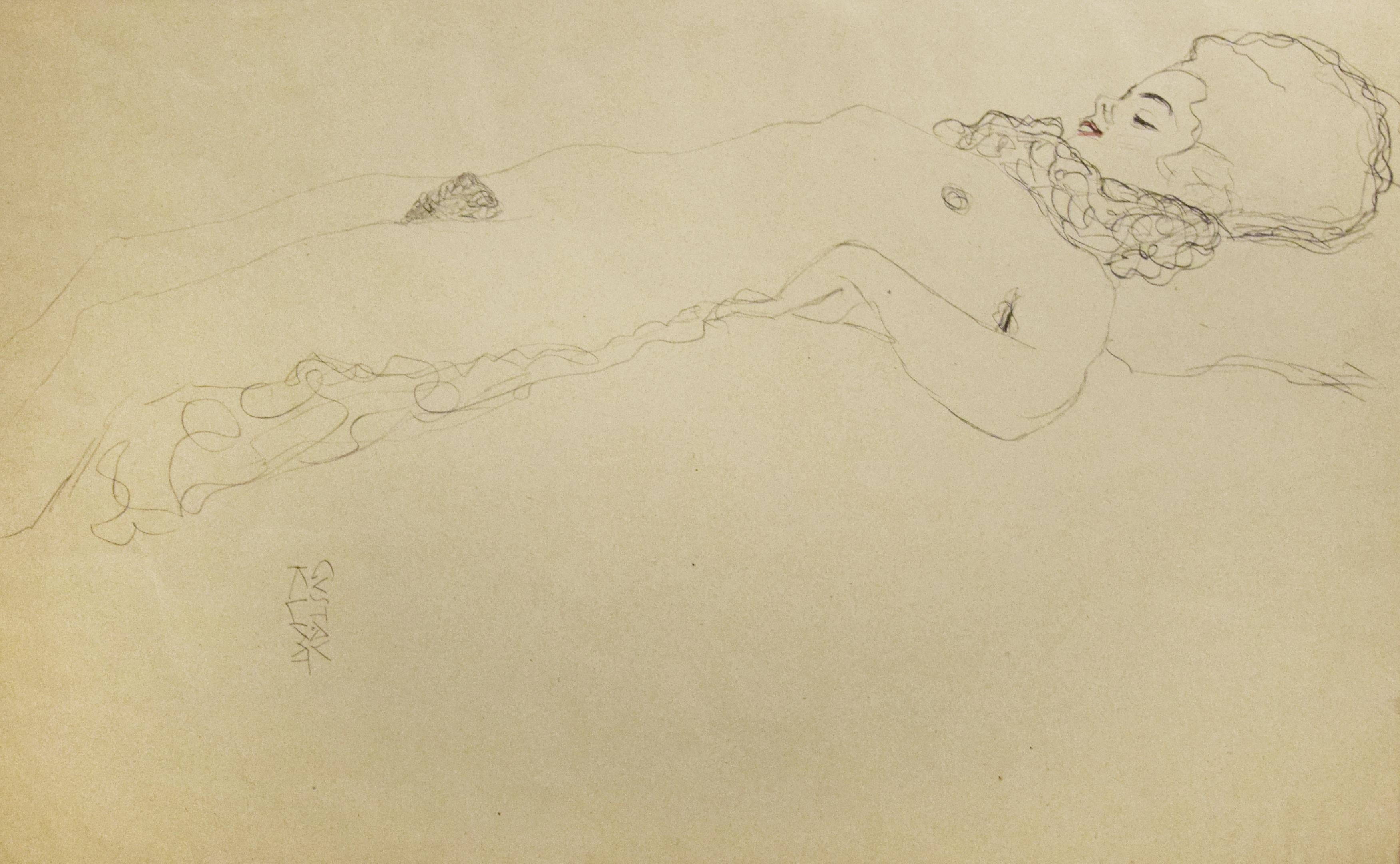 Female Nude, die mit Schal liegt, 1910er Jahre – Print von (after) Gustav Klimt