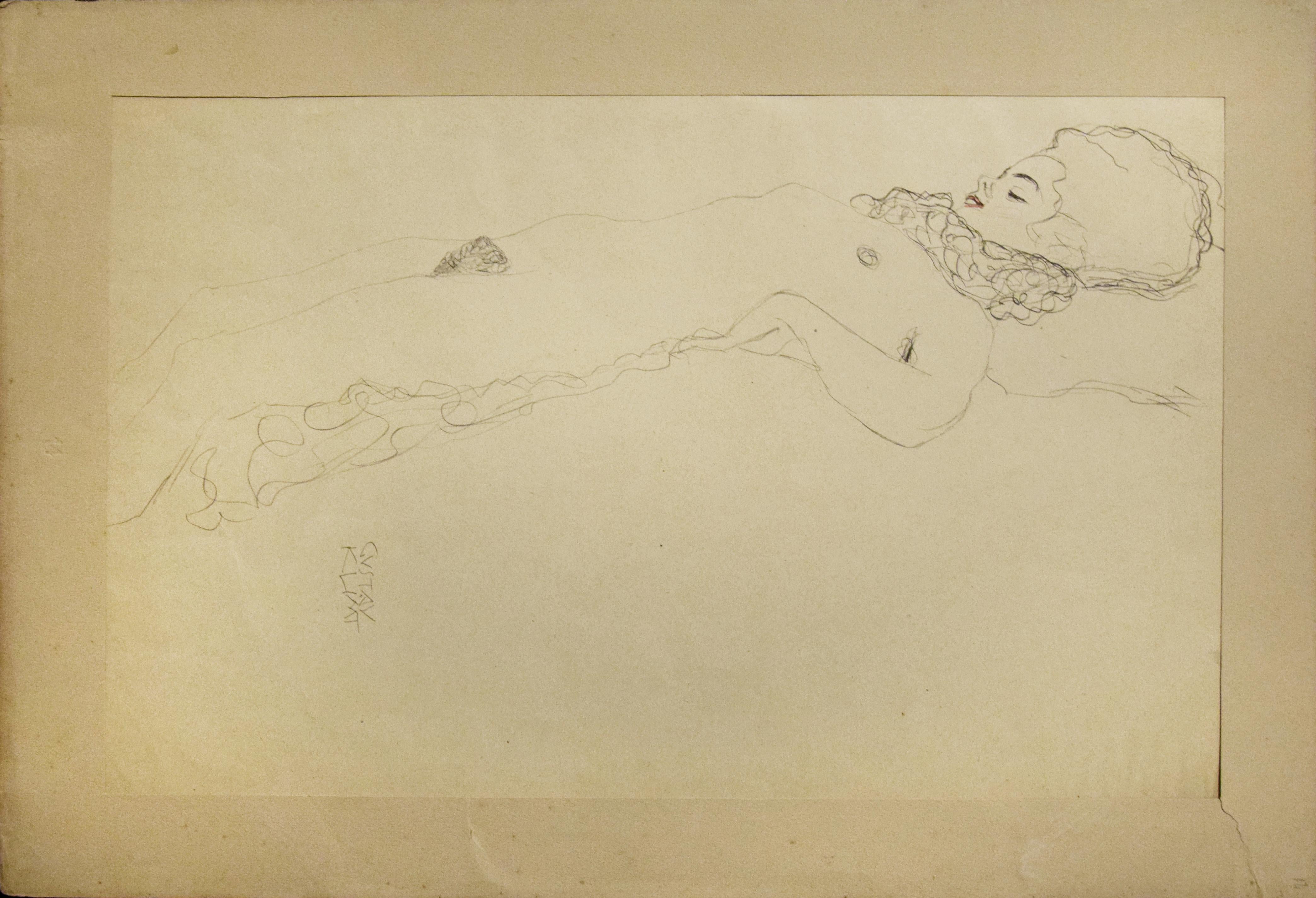 Female Nude, die mit Schal liegt, 1910er Jahre (Moderne), Print, von (after) Gustav Klimt