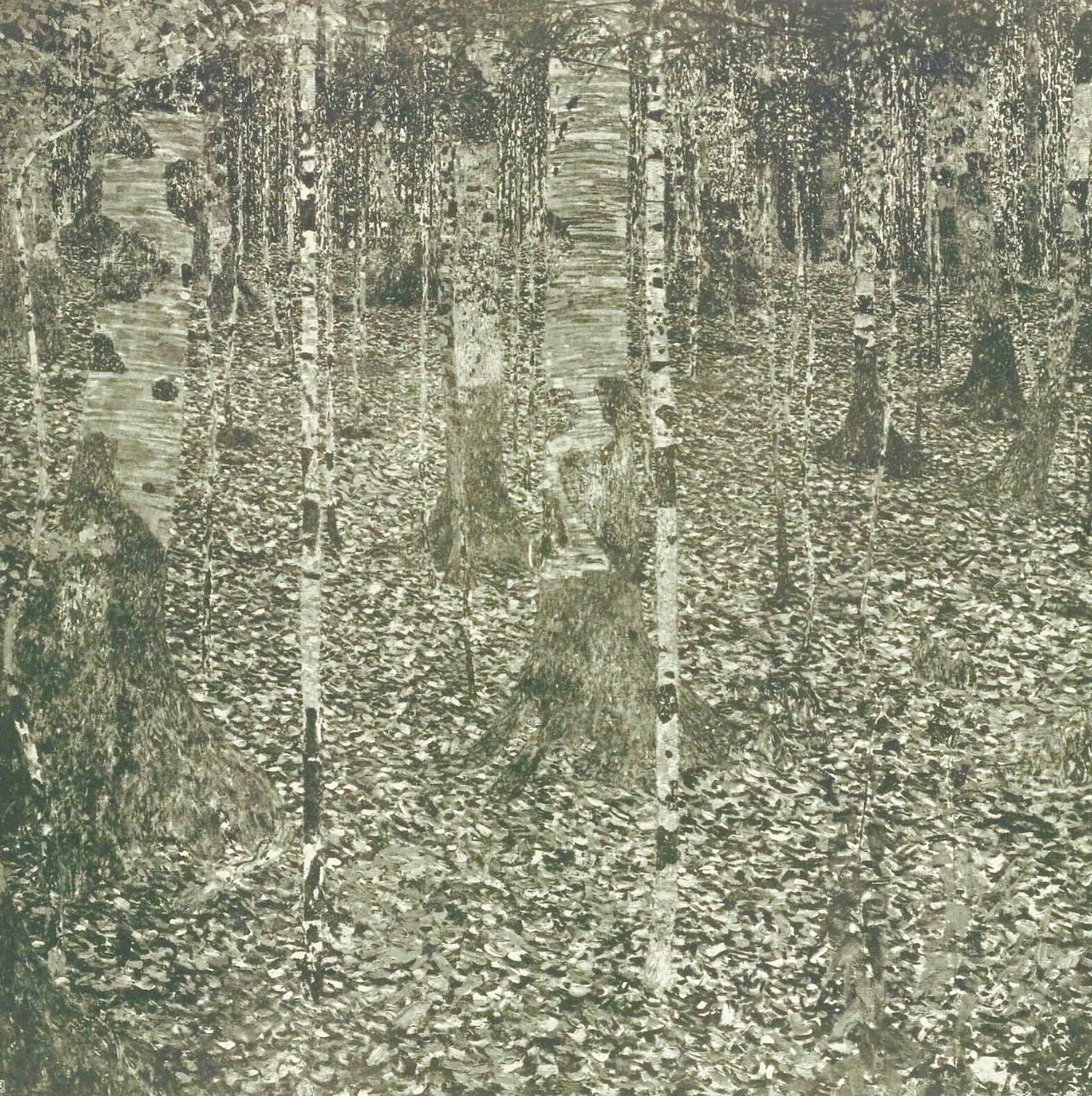 This exquisite heliogravure and collotype after Gustav Klimt (1862–1918), titled Birkenwald (Birch Forest), from the folio Das Werk von Gustav Klimt (The Work of Gustav Klimt), originates from the 1918 edition published by Kunstverlag Hugo Heller et