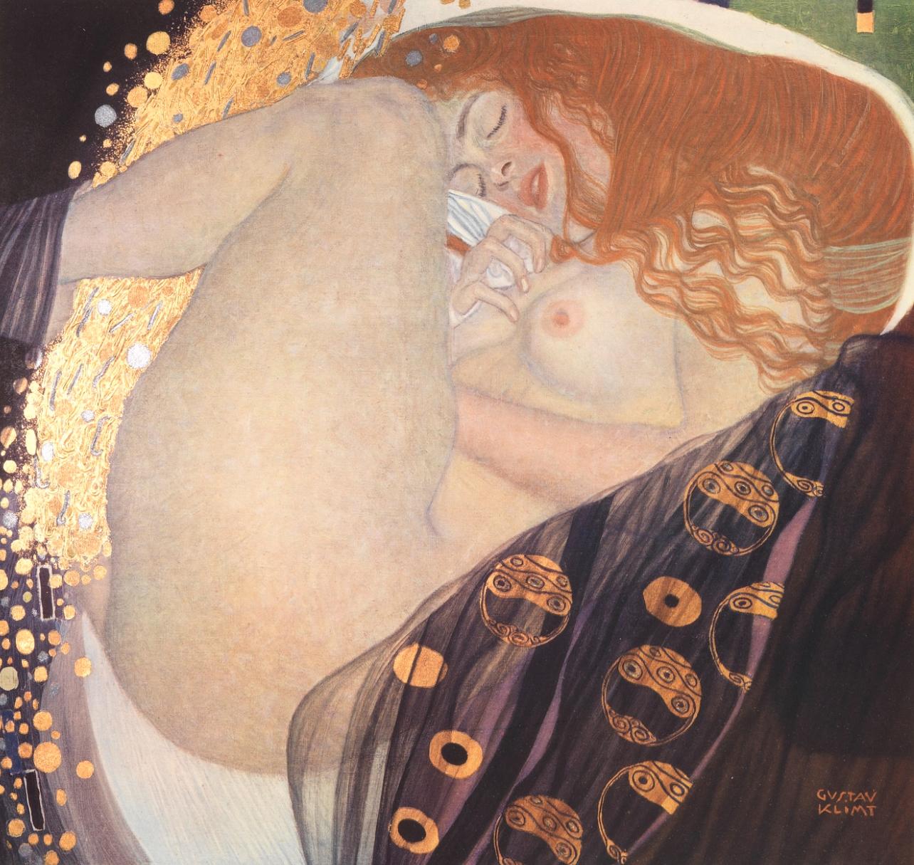 This exquisite heliogravure and collotype after Gustav Klimt (1862–1918), titled Danae (Danae), from the folio Das Werk von Gustav Klimt (The Work of Gustav Klimt), originates from the 1918 edition published by Kunstverlag Hugo Heller et Cie, Wien