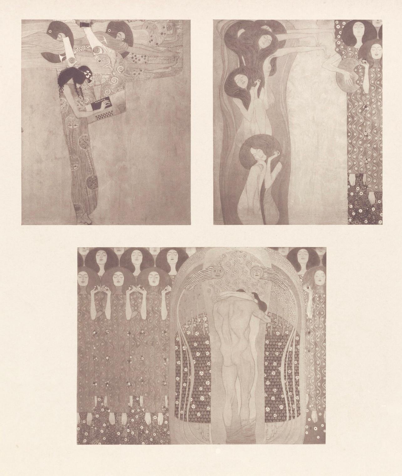 This exquisite heliogravure and collotype after Gustav Klimt (1862–1918), titled Fragmente aus dem Beethovenfries (Fragments from the Beethoven Frieze), from the folio Das Werk von Gustav Klimt (The Work of Gustav Klimt), originates from the 1918