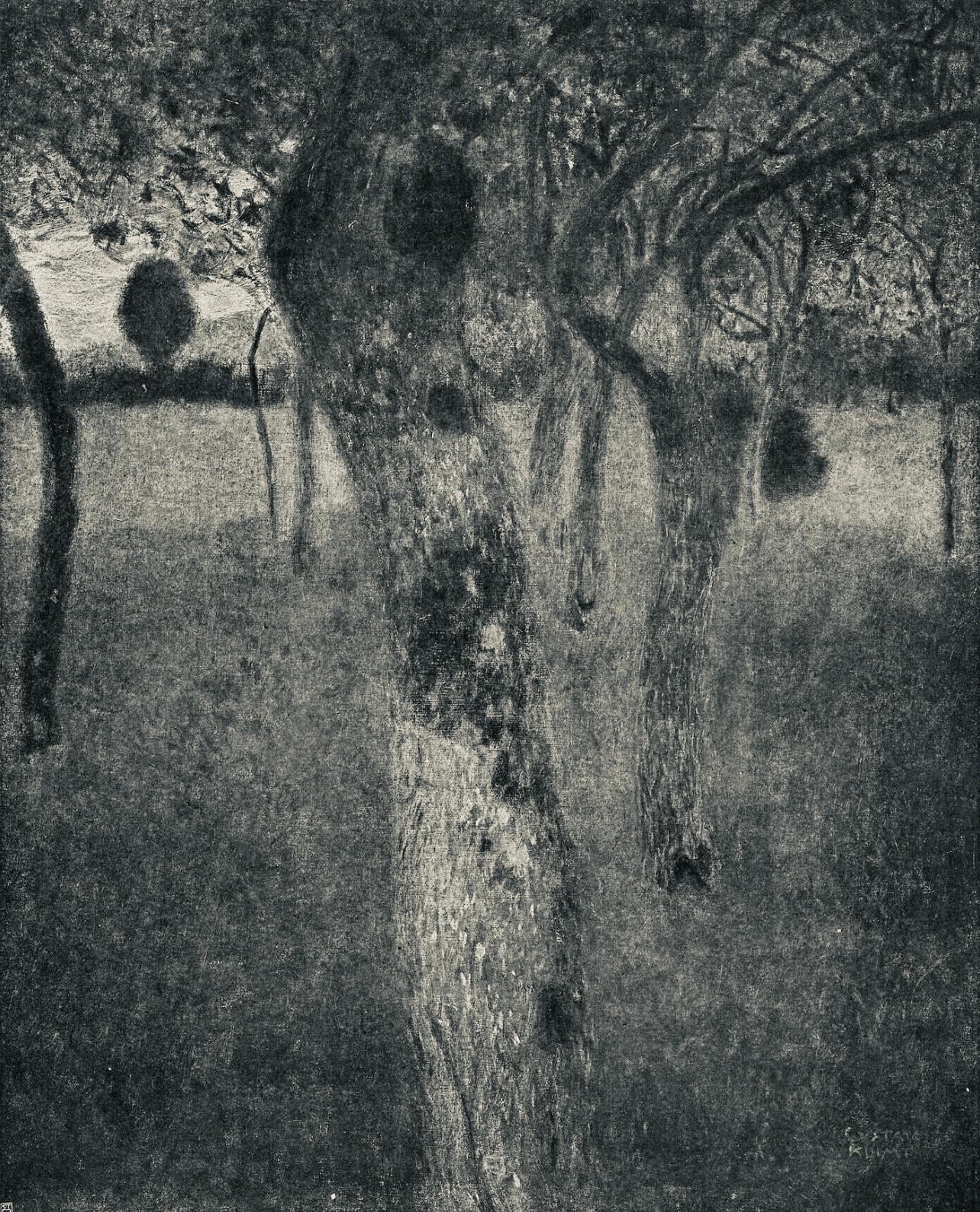 This exquisite heliogravure and collotype after Gustav Klimt (1862–1918), titled Obstbaume am Attersee (Fruit Trees on the Attersee), from the folio Das Werk von Gustav Klimt (The Work of Gustav Klimt), originates from the 1918 edition published by