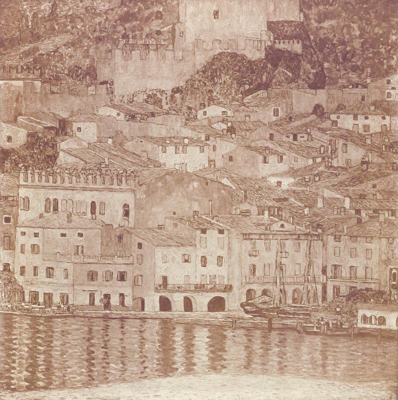This exquisite heliogravure and collotype after Gustav Klimt (1862–1918), titled Malcesine (Malcesine), from the folio Das Werk von Gustav Klimt (The Work of Gustav Klimt), originates from the 1918 edition published by Kunstverlag Hugo Heller et