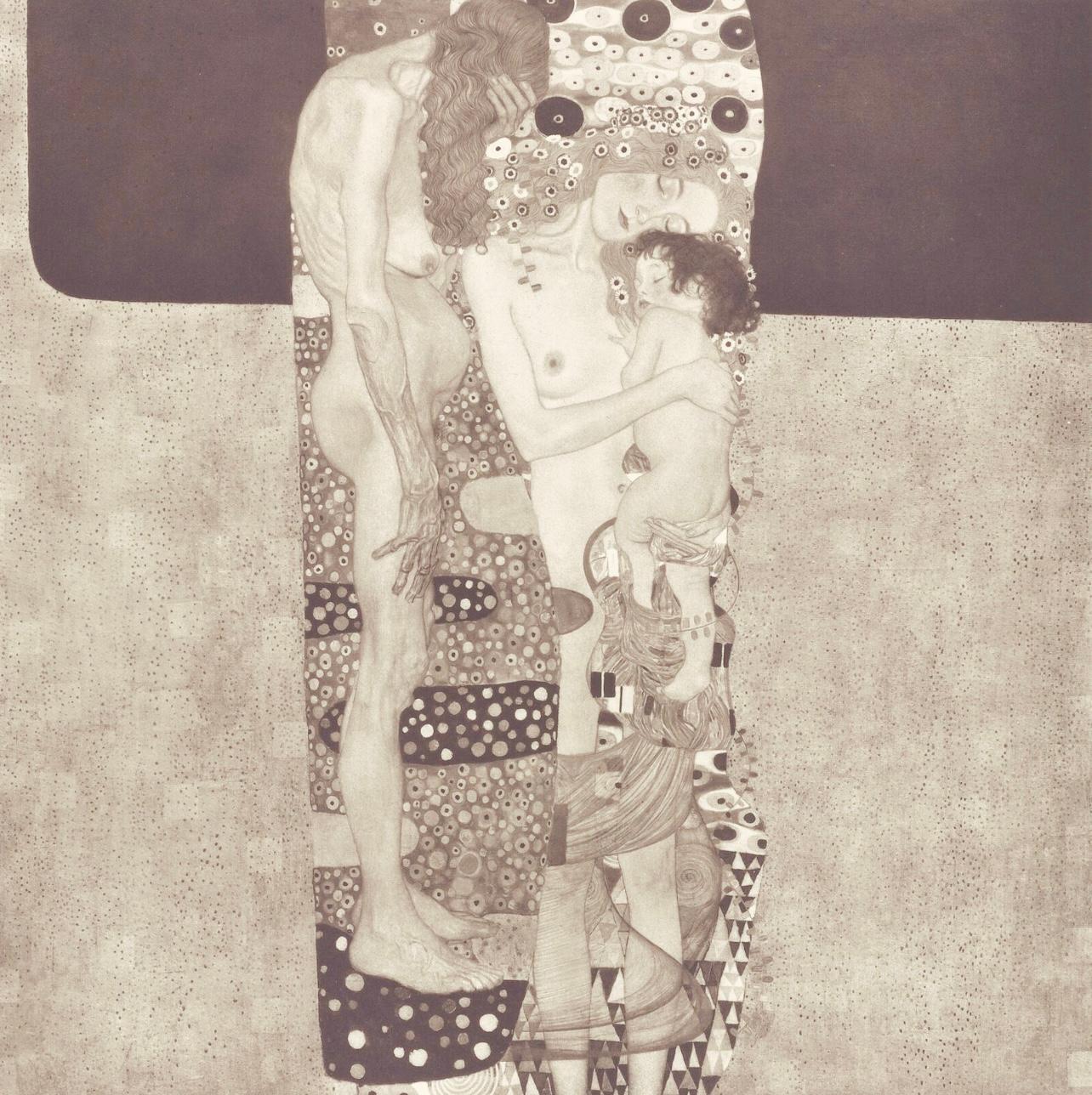 This exquisite heliogravure and collotype after Gustav Klimt (1862–1918), titled Die drei Alter (The Three Ages), from the folio Das Werk von Gustav Klimt (The Work of Gustav Klimt), originates from the 1918 edition published by Kunstverlag Hugo