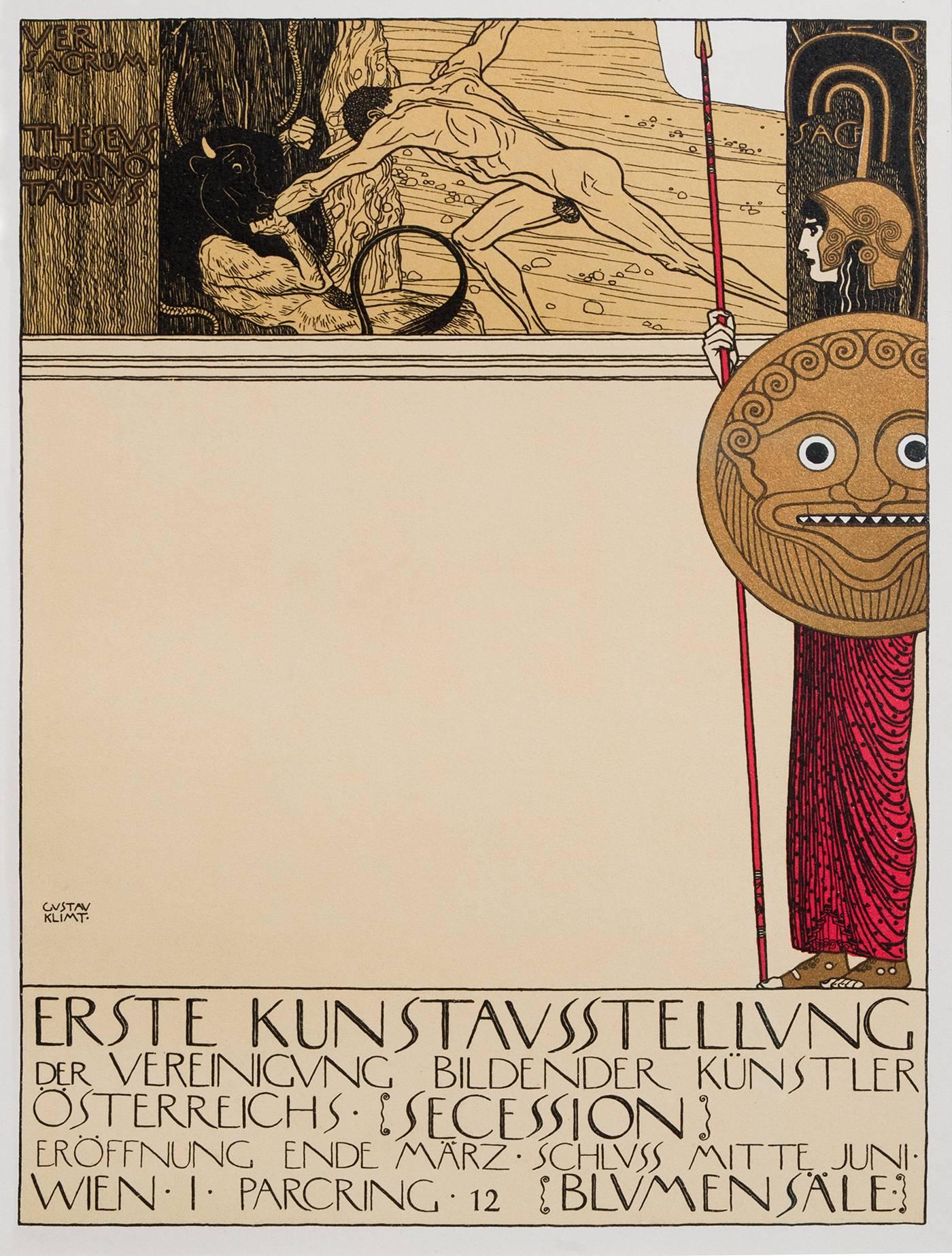 Gustav Klimt Figurative Print – Ottokar Mascha Folio, Tafel 8: „Poster für die Ausstellung der 1. Wiener Secessionsausstellung“