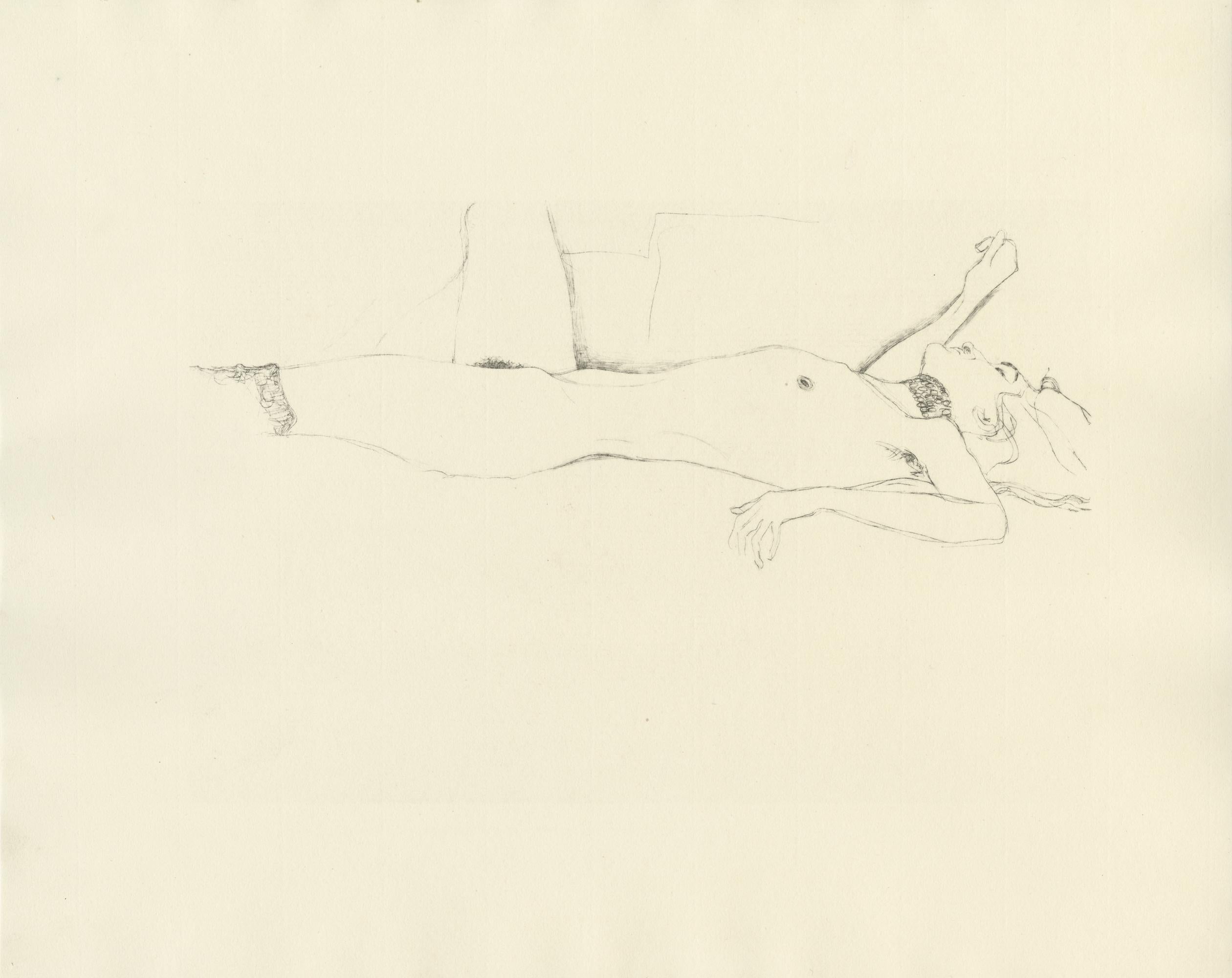 Planche n° 7 du portfolio "Dialogues des courtisanes" de Gustav Klimt de 1907, composé de 15 collotypes sur papier japon crème. Les dessins de ce folio seraient des études pour les célèbres tableaux de Klimt, les Serpents d'eau. 

Cette estampe
