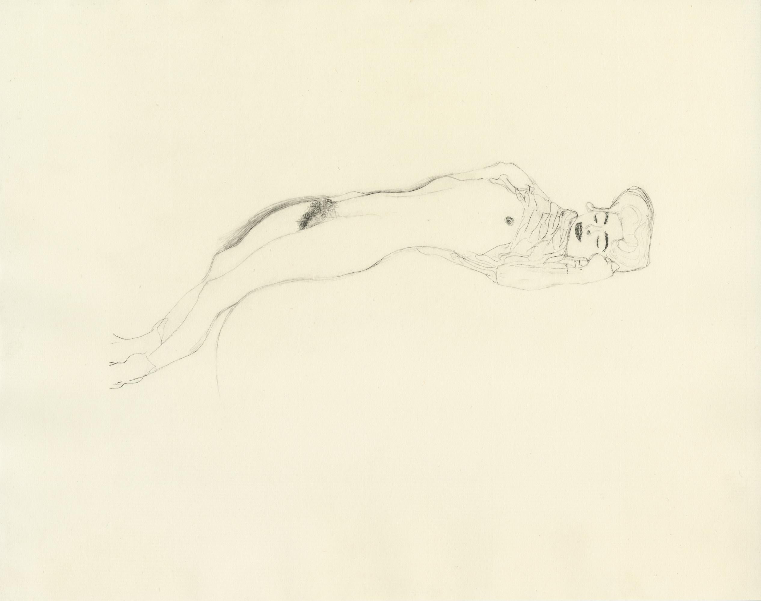 Plate #14 from Gustav Klimt's 1907 "Dialogues of the Courtesans" portfolio, consisting of 15 collotypes on cream japon paper. The drawings in this folio are said to be studies for Klimt's well-known Water Serpents paintings. 

This print is from