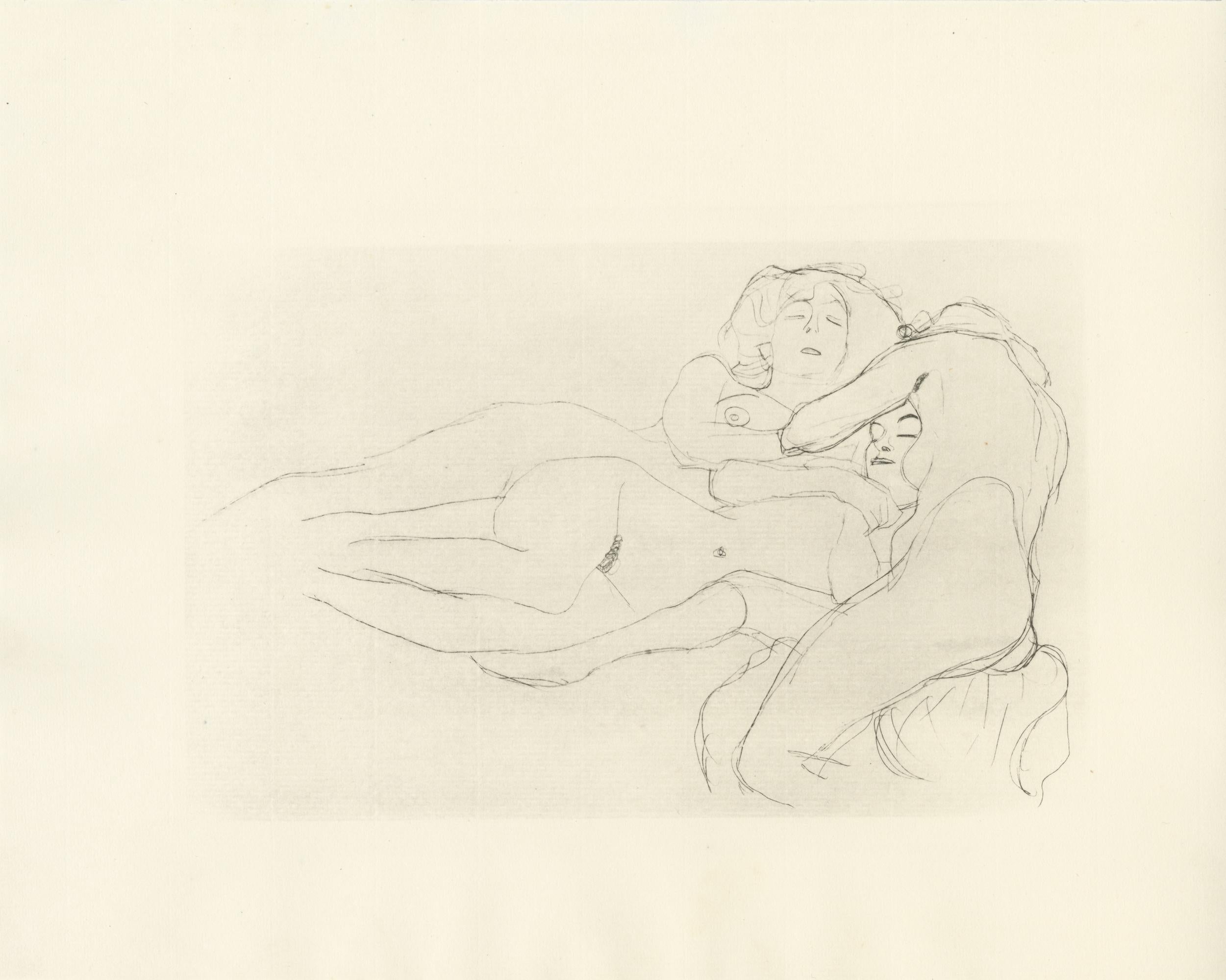 Lámina nº 13 de la carpeta "Diálogos de cortesanas" de Gustav Klimt de 1907, compuesta por 15 colotipos sobre papel japón crema. Se dice que los dibujos de este folio son estudios para las conocidas pinturas de Klimt Serpientes de agua. 

Este