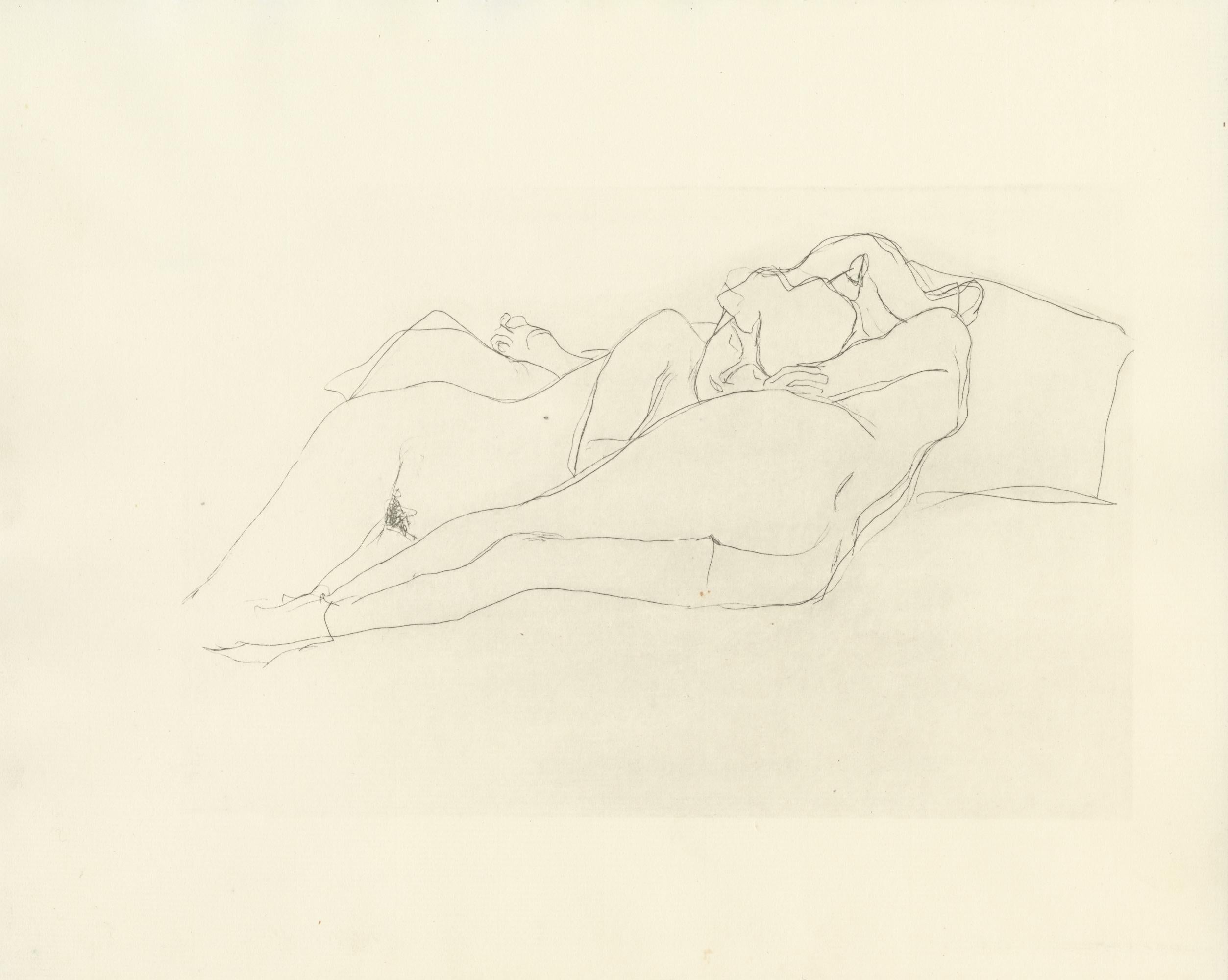 Planche n° 10 du portfolio "Dialogues des courtisanes" de Gustav Klimt de 1907, composé de 15 collotypes sur papier japon crème. Les dessins de ce folio seraient des études pour les célèbres tableaux de Klimt, les Serpents d'eau. 

Cette estampe