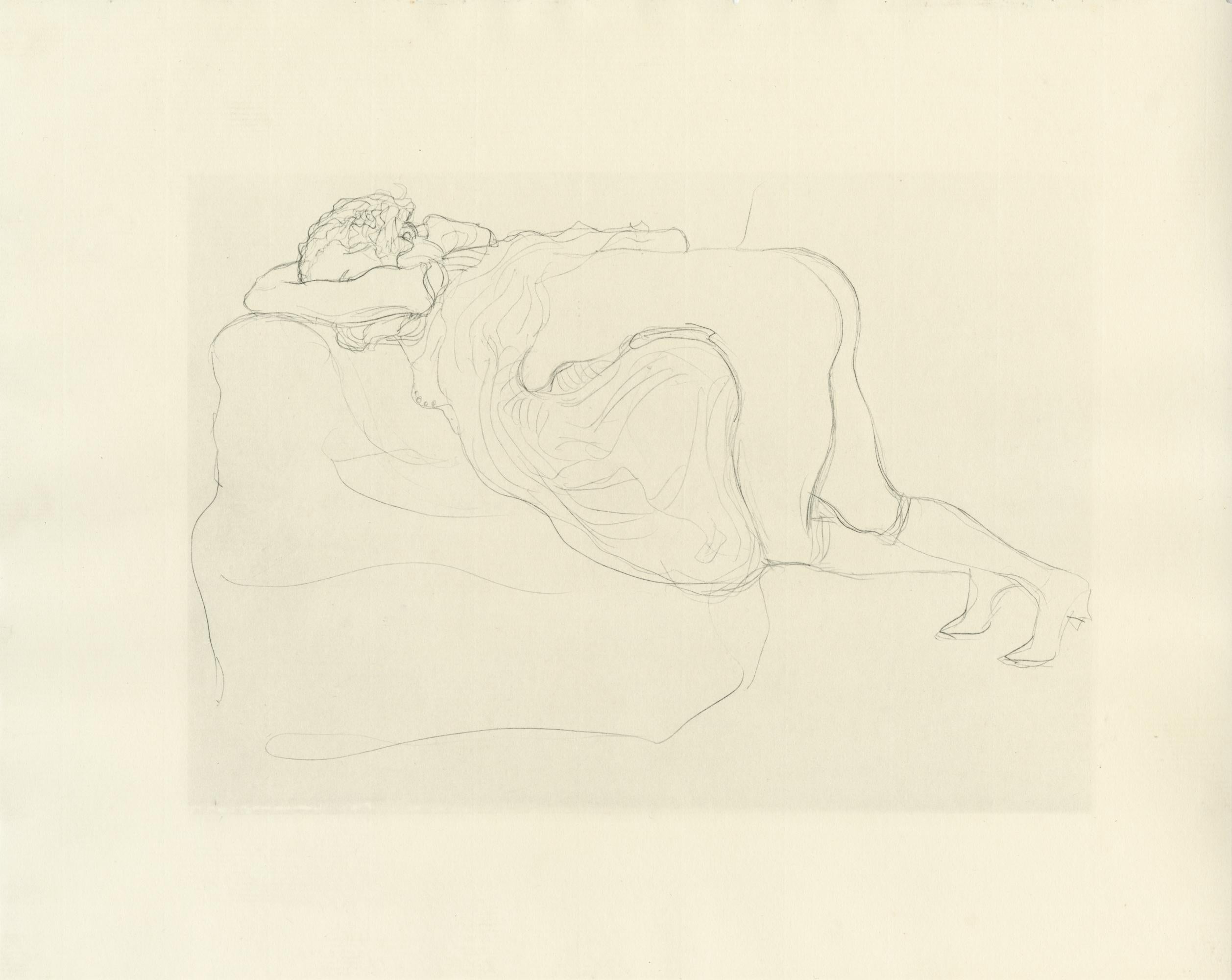 Lámina nº 8 de la carpeta "Diálogos de cortesanas" de Gustav Klimt de 1907, compuesta por 15 colotipos sobre papel japón crema. Se dice que los dibujos de este folio son estudios para las conocidas pinturas de Klimt Serpientes de agua. 

Este