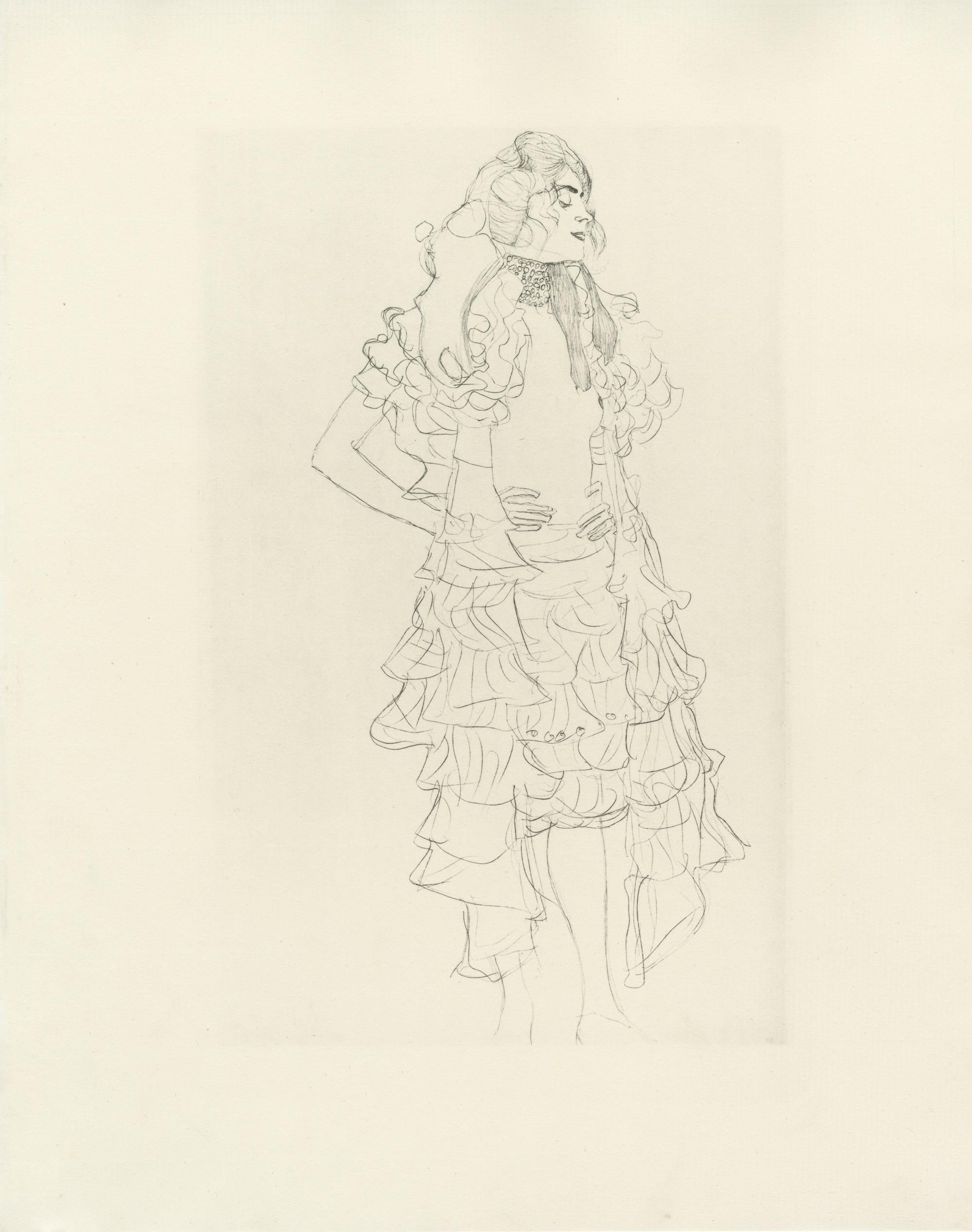 Lámina nº 6 de la carpeta "Diálogos de cortesanas" de Gustav Klimt de 1907, compuesta por 15 colotipos sobre papel japón crema. Se dice que los dibujos de este folio son estudios para las conocidas pinturas de Klimt Serpientes de agua. 

Este