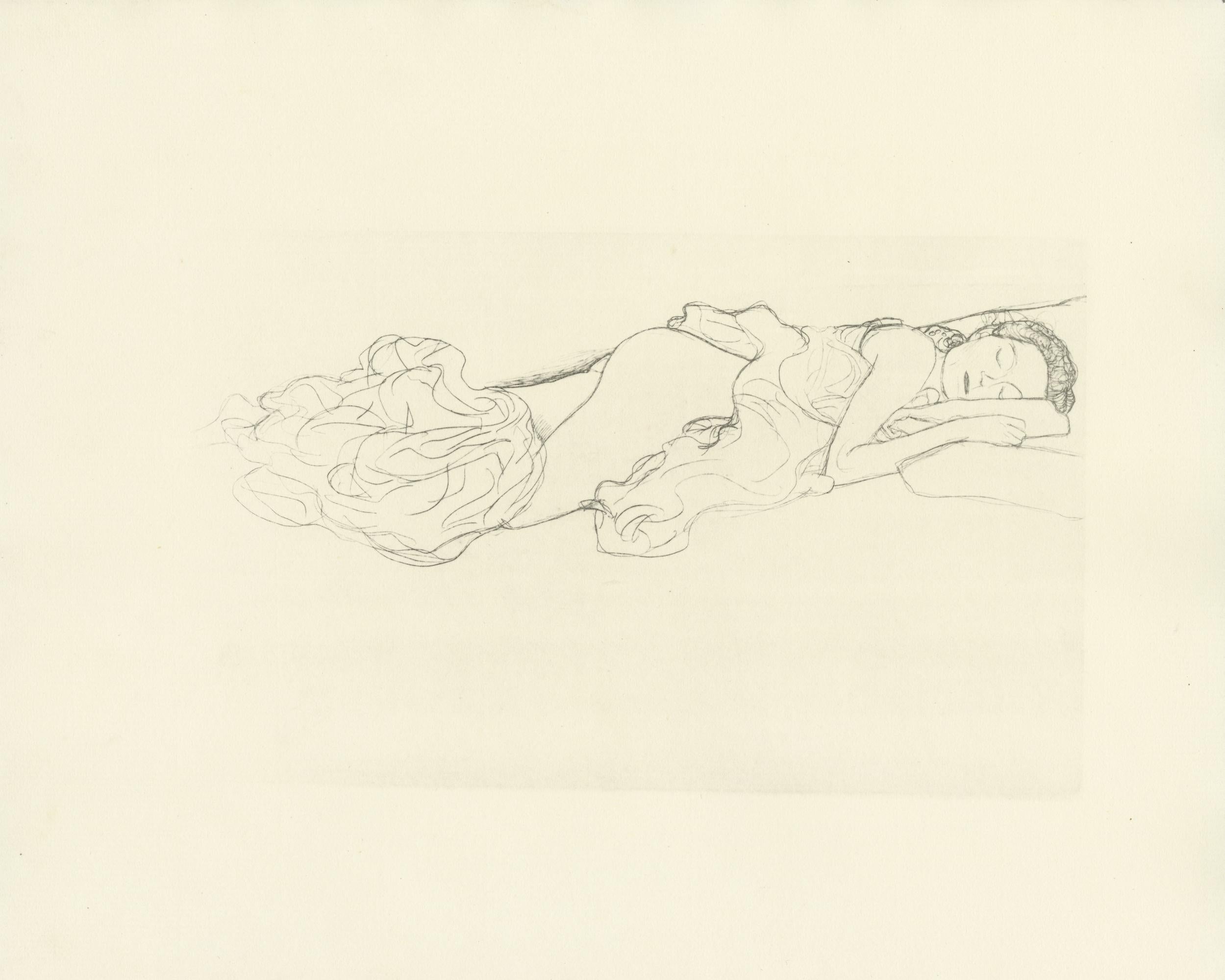 Plate #12 from Gustav Klimt's 1907 "Dialogues of the Courtesans" portfolio, consisting of 15 collotypes on cream japon paper. The drawings in this folio are said to be studies for Klimt's well-known Water Serpents paintings. 

This print is from
