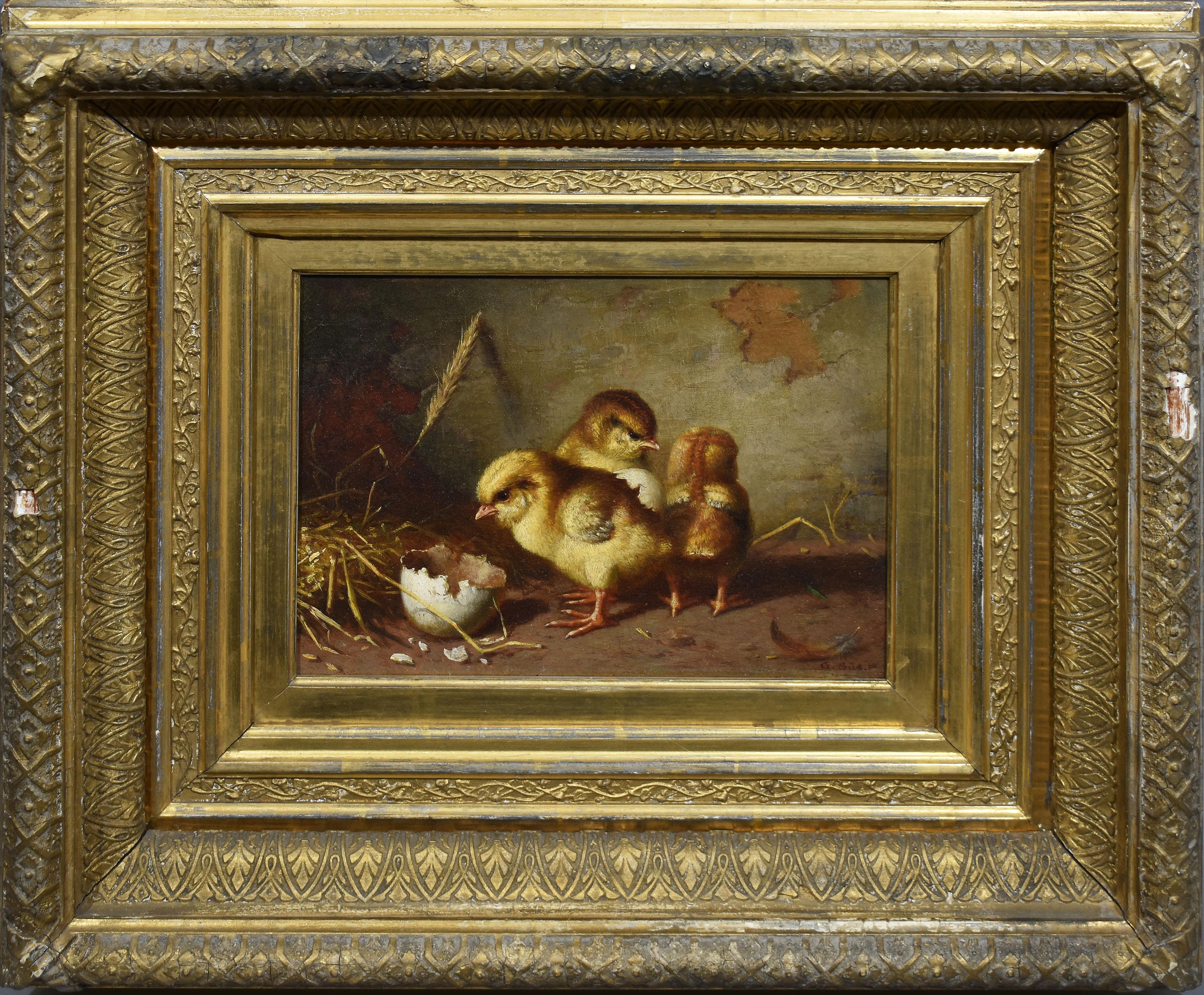 Gustav Konrad Sus Landscape Painting - Antique Baby Chick "Just Hatched", Original Farm/Barnyard Signed Oil Painting 