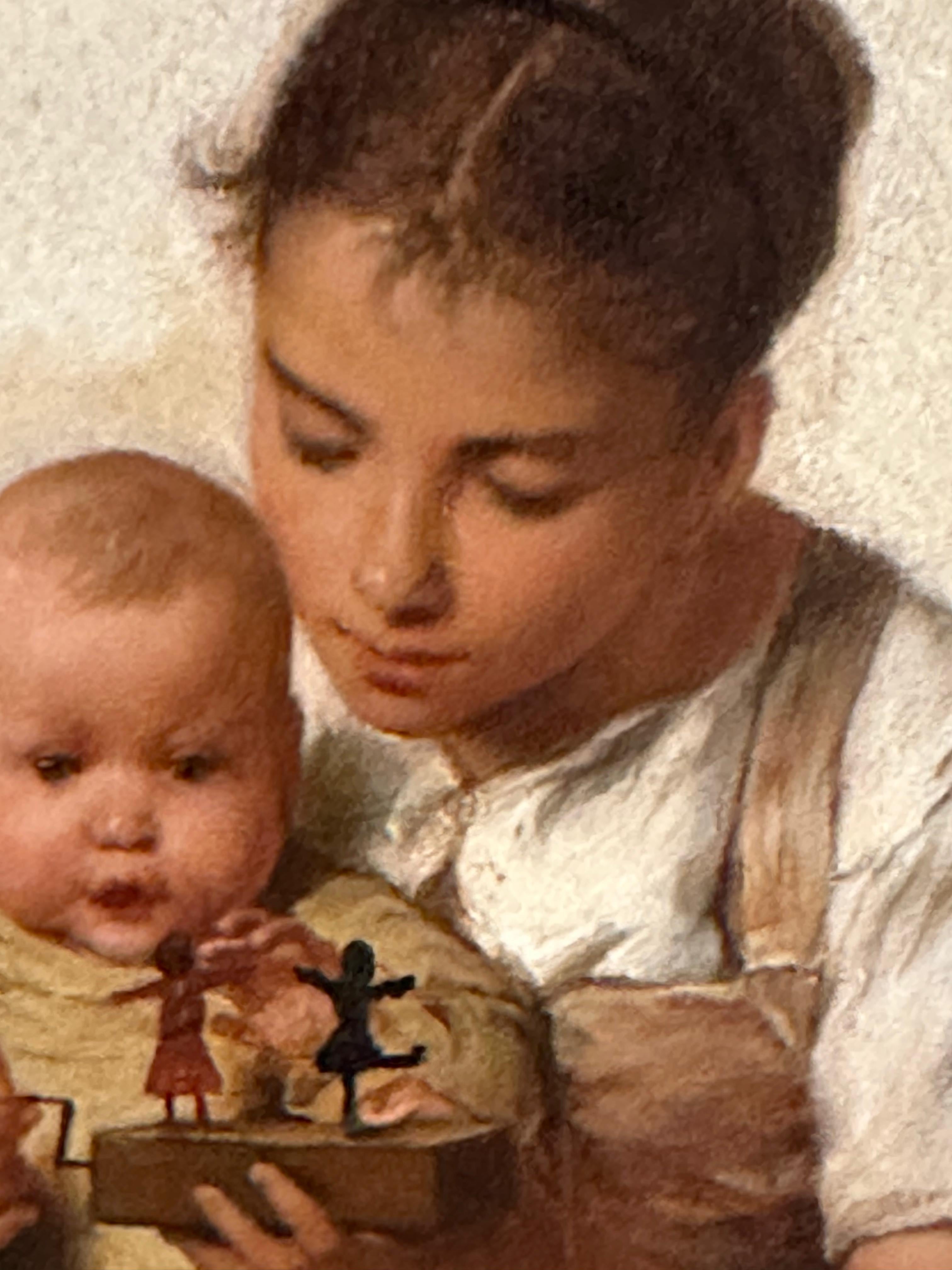 Scena di interni con una giovane madre e un bambino in vendita 1