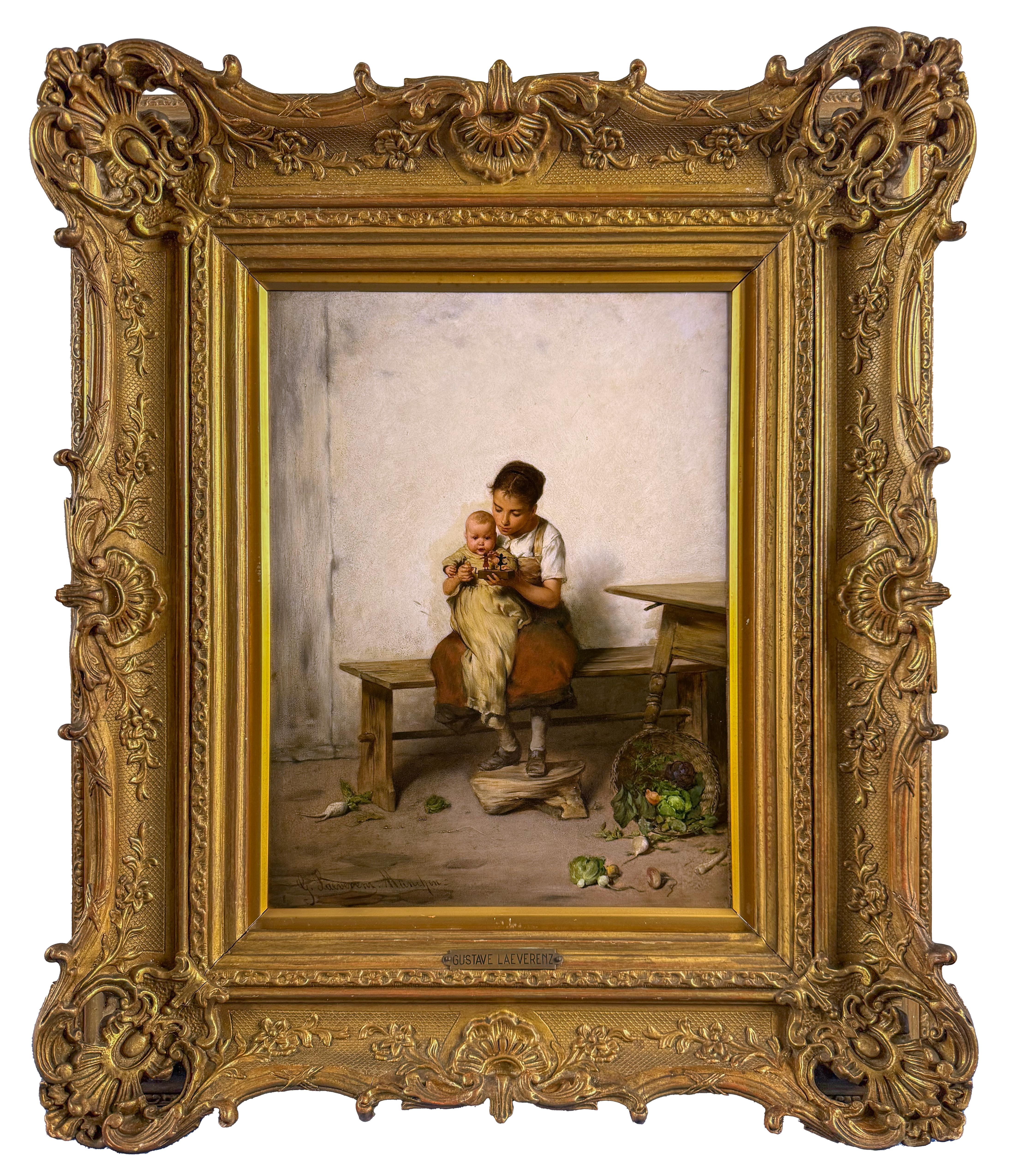 Gustav Laeverenz Figurative Painting – Realistisches Ölgemälde auf Holz aus dem 19. Jahrhundert: Mutter und Kind in einer Innenraumszene