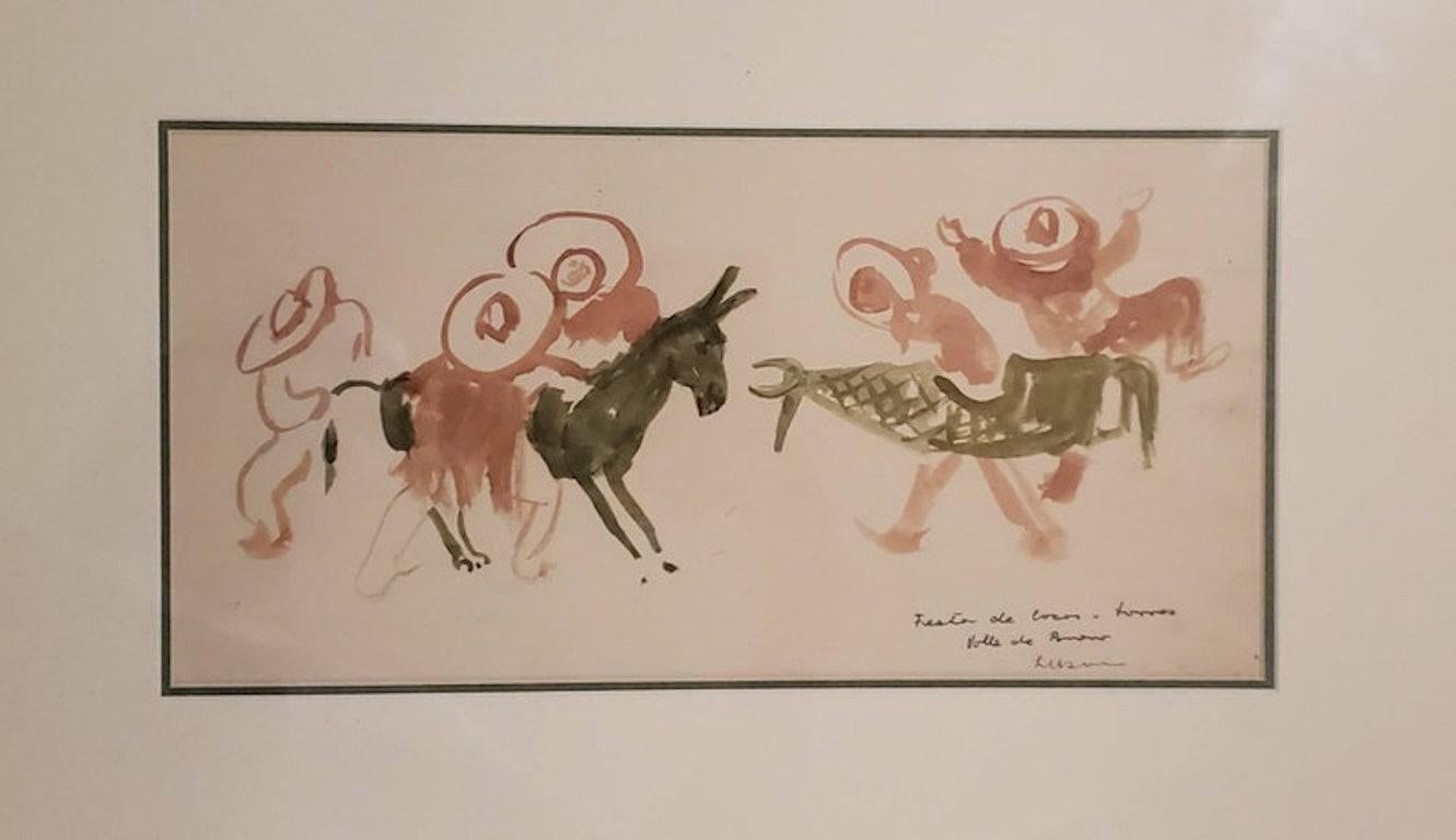 Hand-Painted Gustav Likan Watercolor Sketch in Frame For Sale