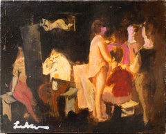 Clase de arte, escena fauvista de acrílico sobre lienzo