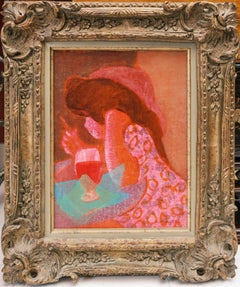 "At the Table" abstract portrait of child with glass of red juice, blue napkin