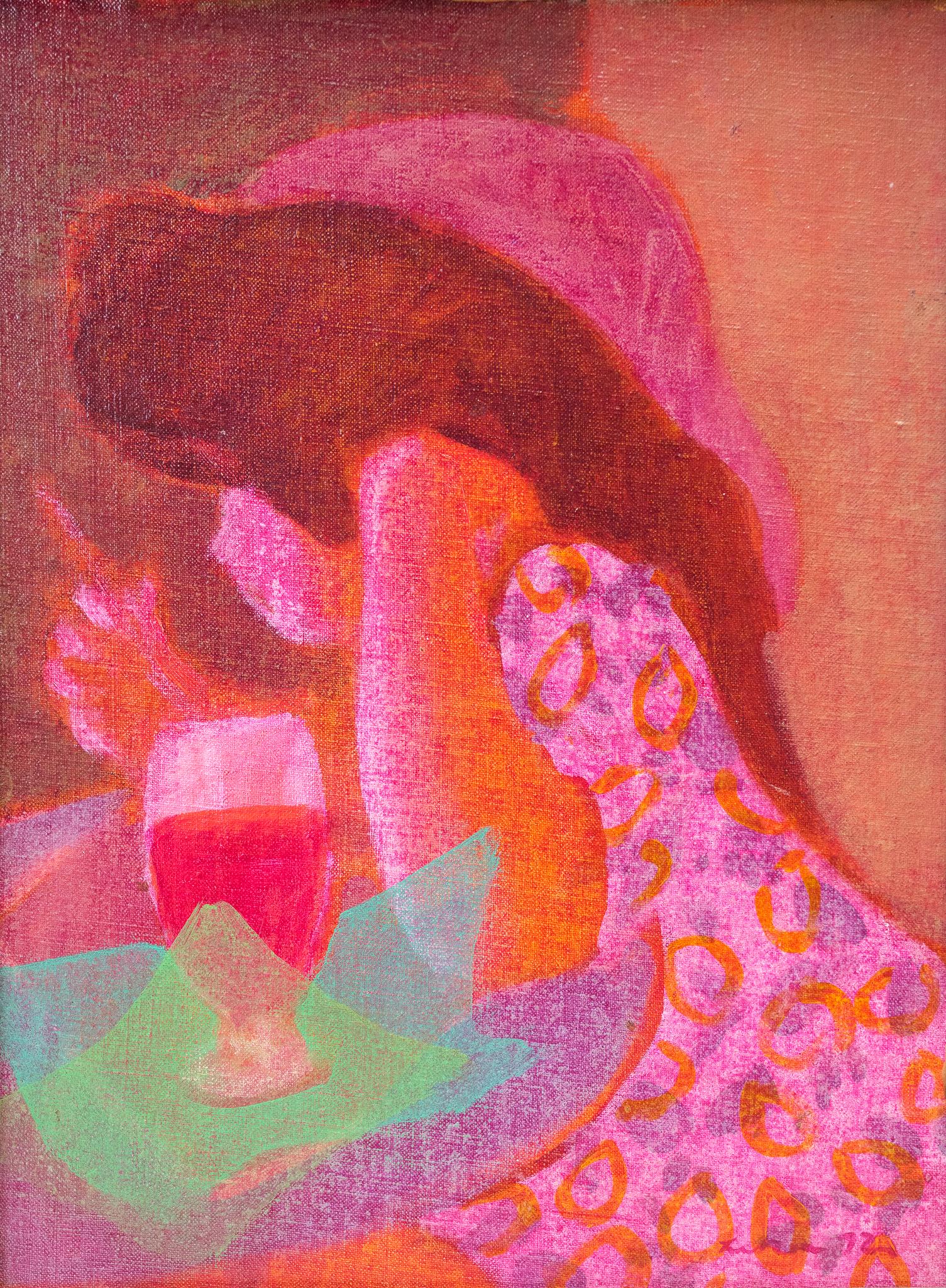 Gustav Likan Abstract Painting – "Am Tisch" abstraktes Porträt eines Kindes mit einem Glas rotem Saft und blauer Serviette
