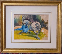 "Ballerina and Horse" Watercolor: Woman Circus Performer, Blue Tutu, Gray Animal