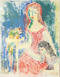 Vintage "Girls and a Parrot" Fauvist Figurative Painting