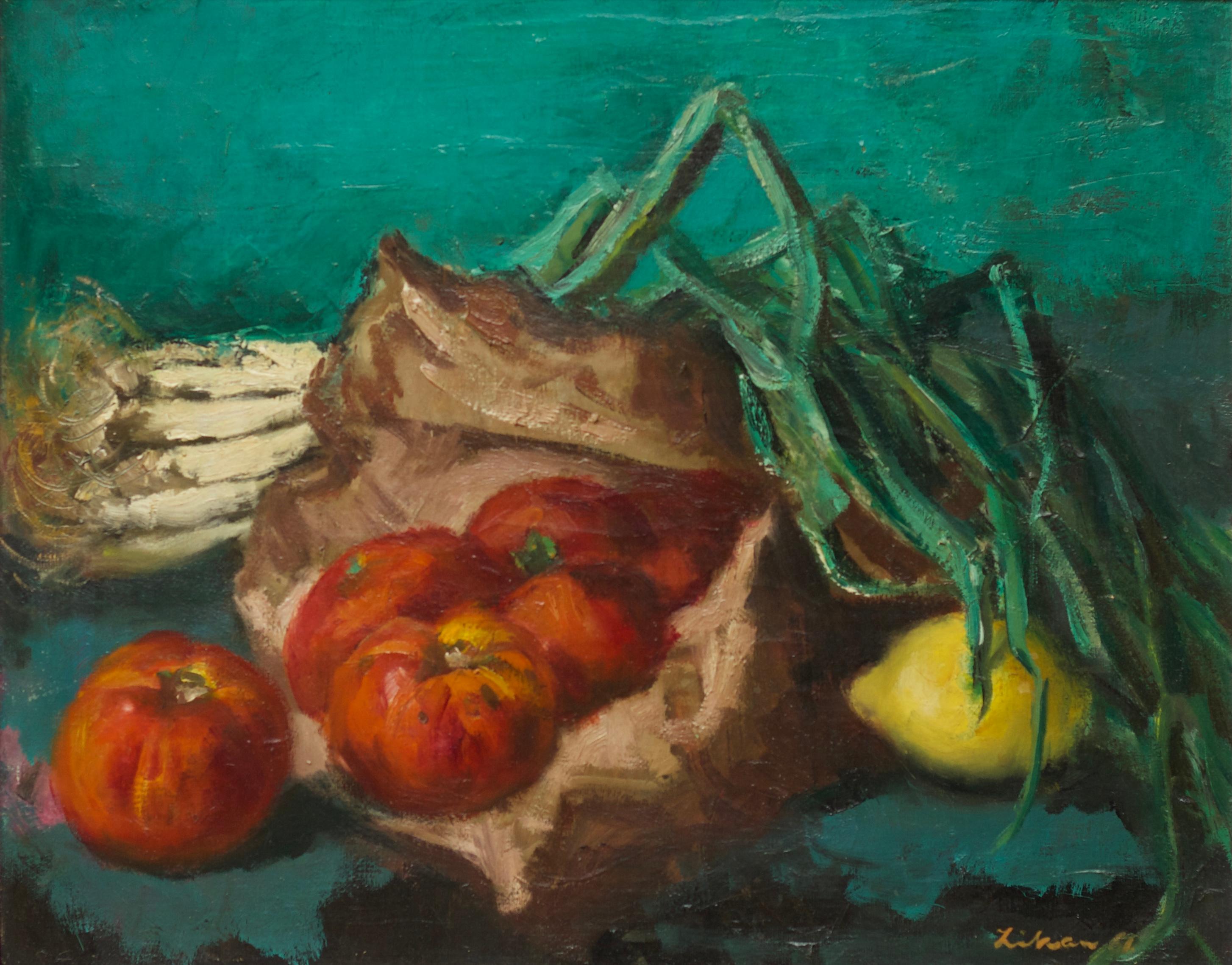 Still Life with Tomatoes and Onions - Painting by Gustav Likan