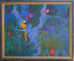 "Jungle Scene with Macaw, Toucan, and Tropical Birds" Large Mid Century Painting