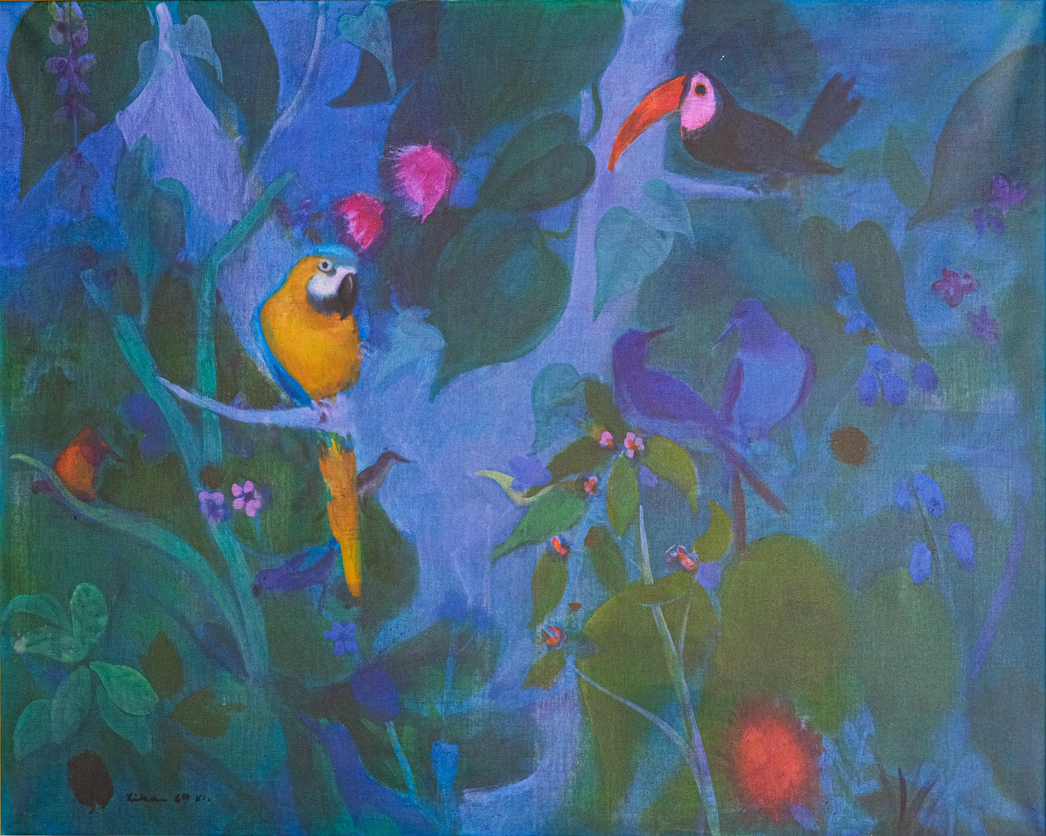 "Jungle Scene with Macaw, Toucan, and Tropical Birds" Large Mid Century Painting