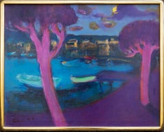 "Lakeside on a Moonlit Night" Modern Colourist Seascape with Fishing Boats