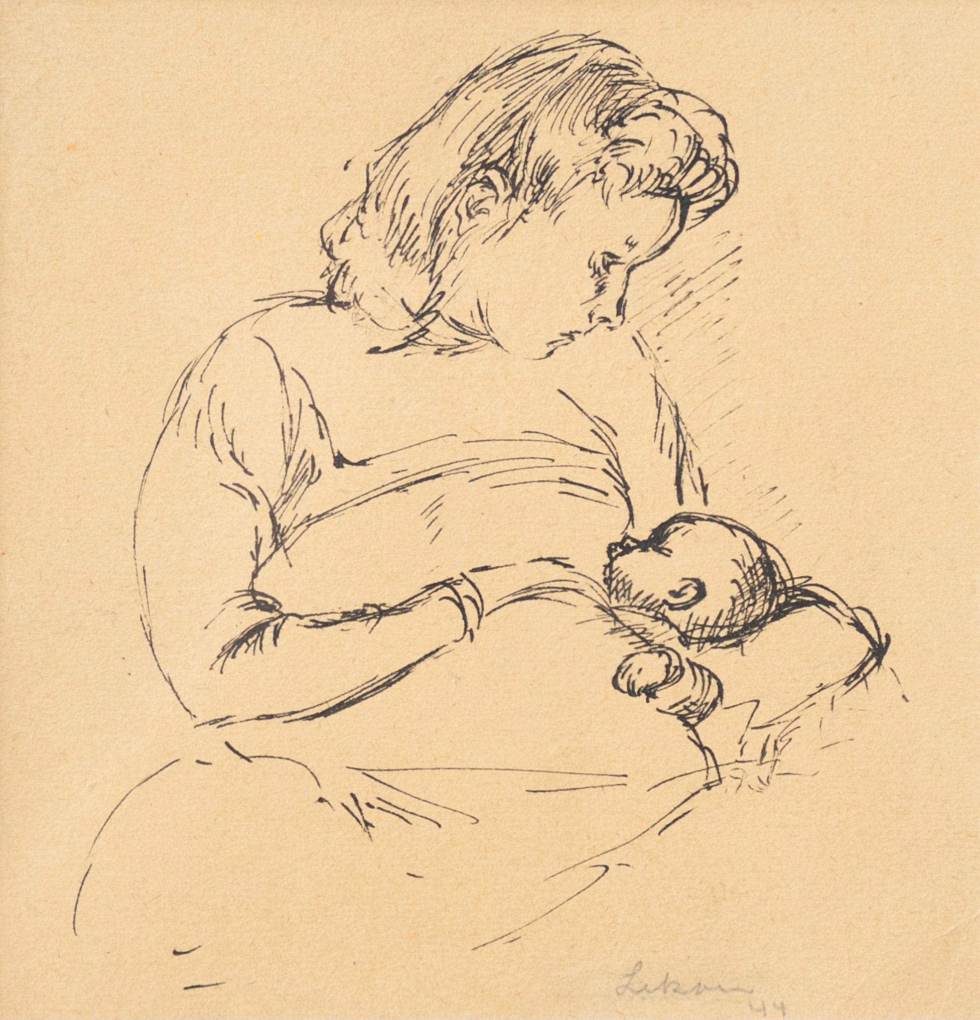 "Nursing Mother" Ink Sketch - Painting by Gustav Likan