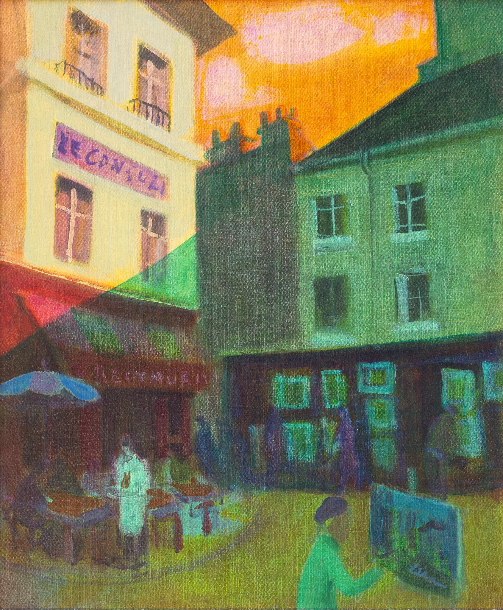 Gustav Likan Figurative Painting - "Painter in Montmarte" Modernist City Scene