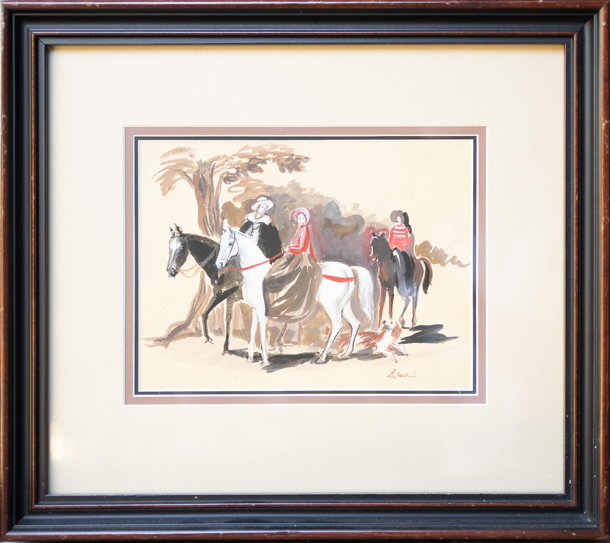 « People on Horseback », croquis mural d'Eva Peron - Painting de Gustav Likan