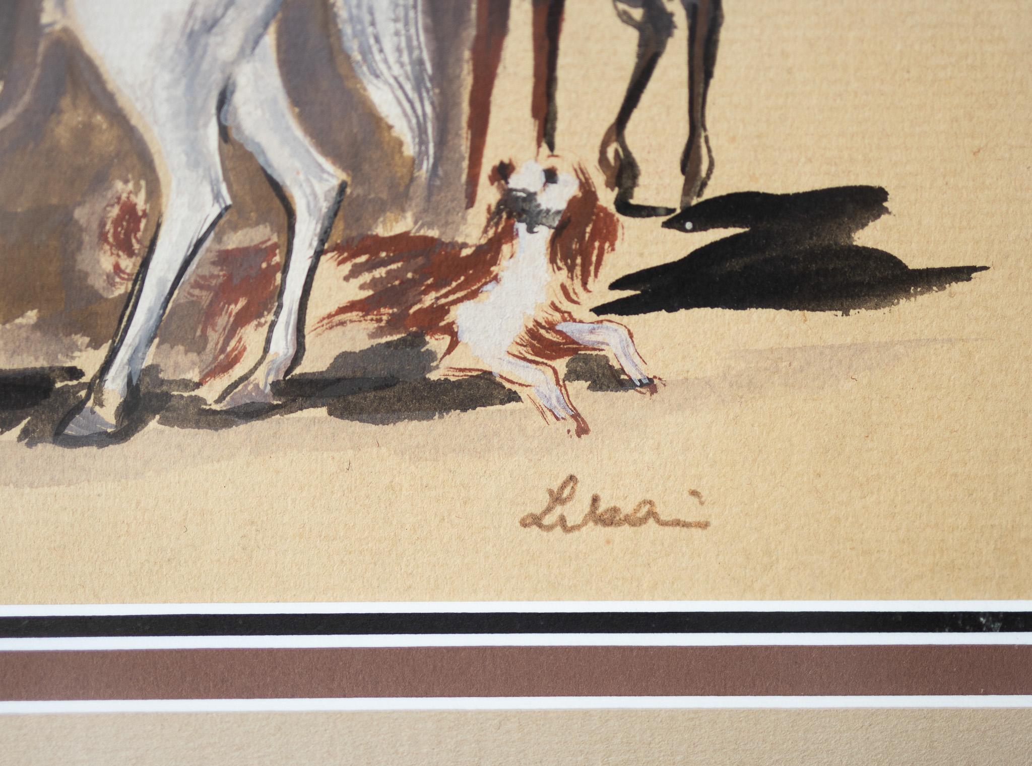 « People on Horseback », croquis mural d'Eva Peron - Moderne Painting par Gustav Likan