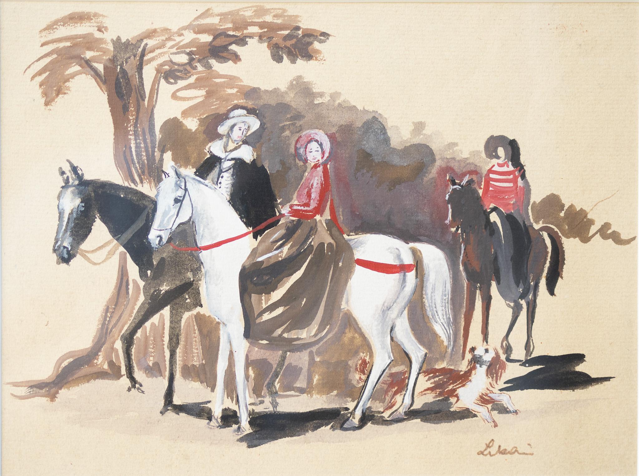 Figurative Painting Gustav Likan - « People on Horseback », croquis mural d'Eva Peron