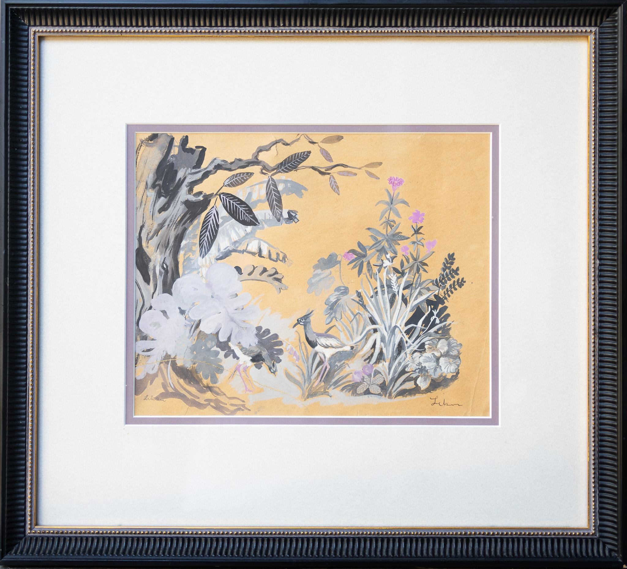„Tropische Szene in Gold und Lila“ Eva Peron Wandskizze – Painting von Gustav Likan