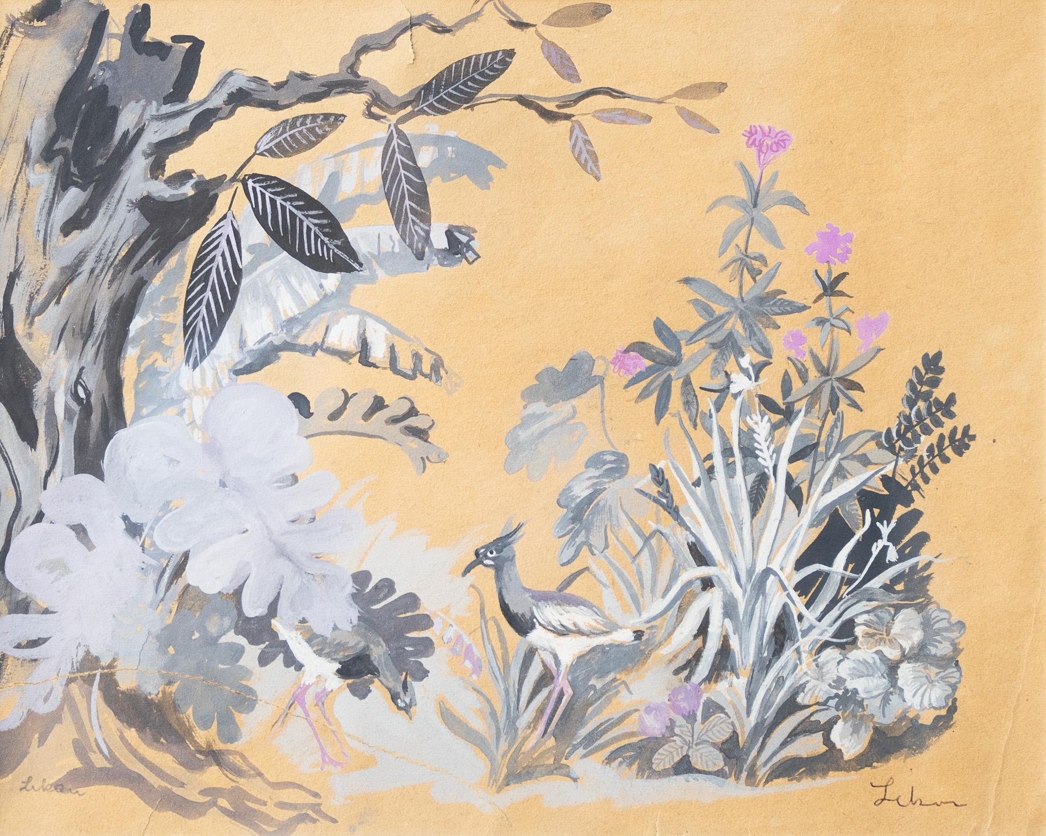 Gustav Likan Landscape Painting – „Tropische Szene in Gold und Lila“ Eva Peron Wandskizze