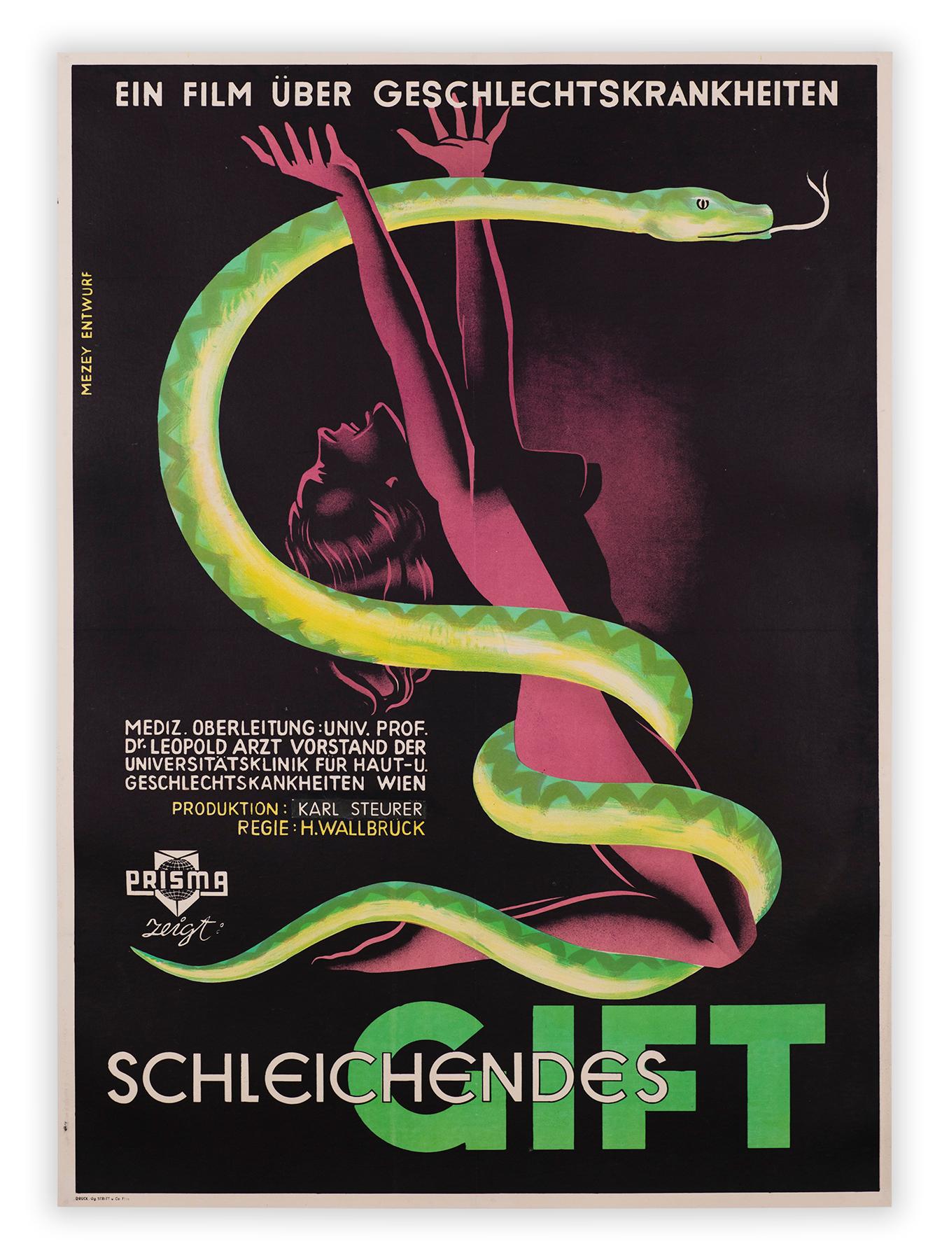 Gustav Mezeys lithografisches Filmplakat für Hermann Wallbrücks "sozialhygienischen" Film Schleichendes Gift zeigt eine verzweifelte Frau, die von einer räuberischen Schlange umschlungen wird. Ziel des Films war es, die österreichische