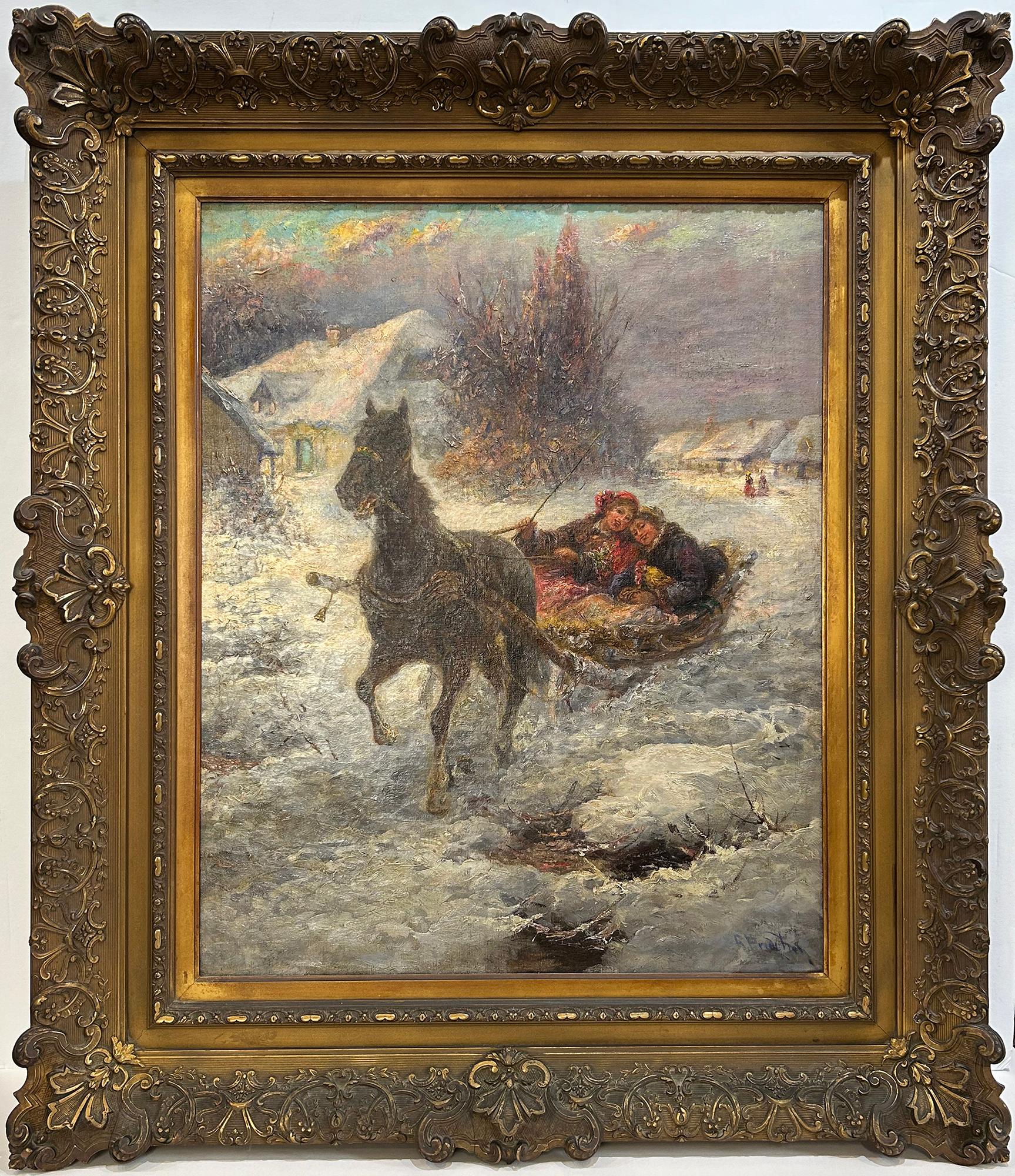 Schlittenfahrt A Little Drive, Winter Landscape with Sleigh, Figures and Rooster - Painting by Gustav Prucha
