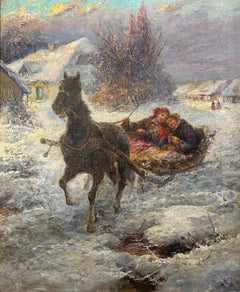 Antique Schlittenfahrt A Little Drive, Winter Landscape with Sleigh, Figures and Rooster