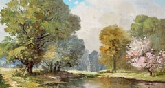 Paysage printanier belge du milieu du siècle, huile sur toile, signée, 1950